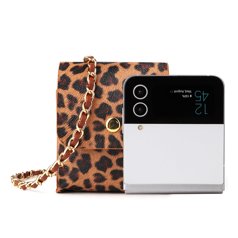 For Samsung Galaxy Z Flip6 5G / Z Flip5 5G / Z Flip4 5G / Z Flip3 5G Phone Bag Case Leopard Pattern PU Leather Pouch with Shoulder Strap