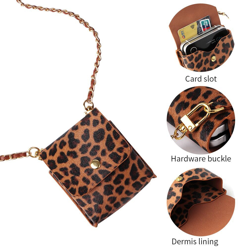 For Samsung Galaxy Z Flip6 5G / Z Flip5 5G / Z Flip4 5G / Z Flip3 5G Phone Bag Case Leopard Pattern PU Leather Pouch with Shoulder Strap