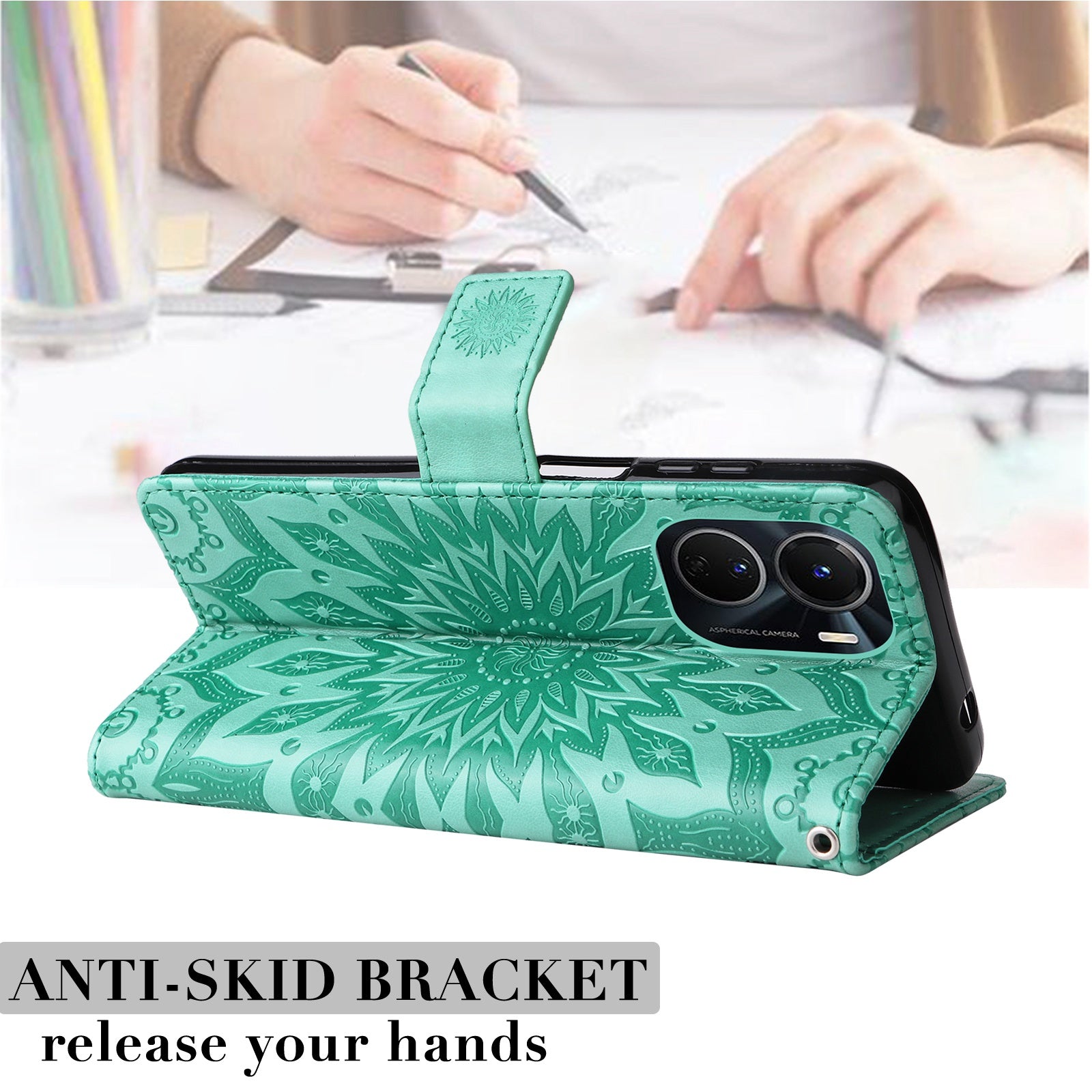 KT Imprinting Flower Series-1 for vivo Y16 4G / Y02s 4G Adjustable Stand Phone Wallet Cover  Sunflower Imprinted PU Leather Shockproof Phone Case - Green