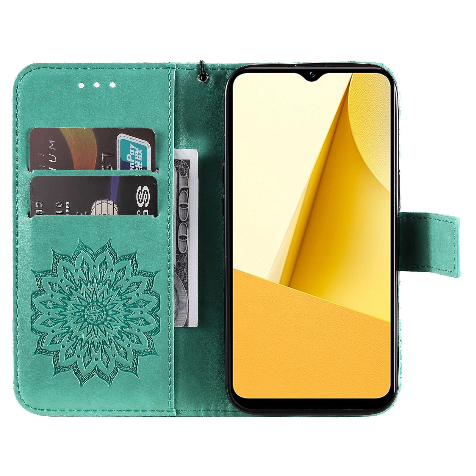 KT Imprinting Flower Series-1 for vivo Y16 4G / Y02s 4G Adjustable Stand Phone Wallet Cover  Sunflower Imprinted PU Leather Shockproof Phone Case - Green