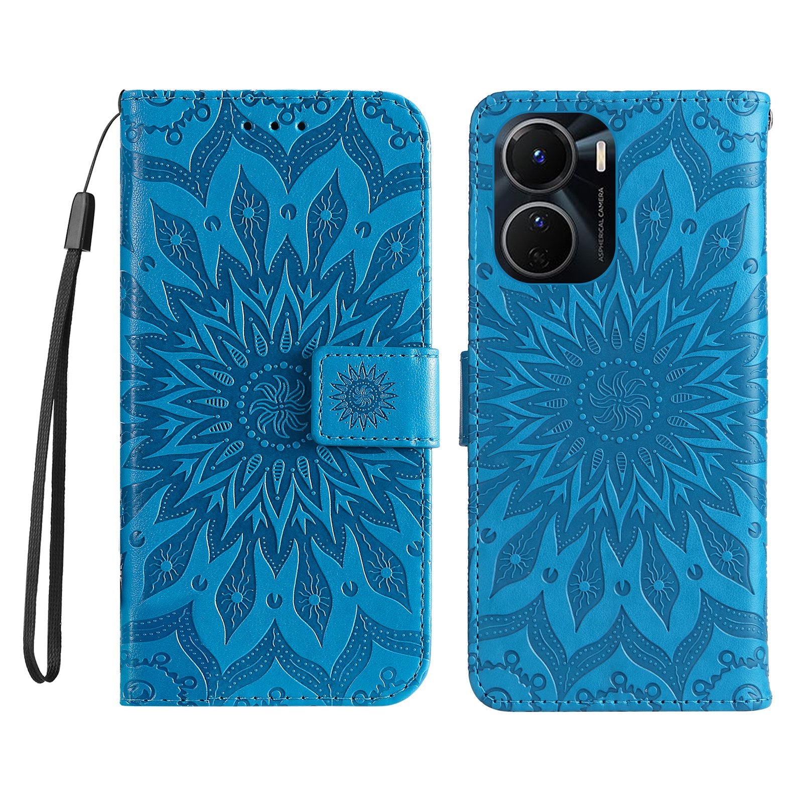 KT Imprinting Flower Series-1 for vivo Y16 4G / Y02s 4G Adjustable Stand Phone Wallet Cover  Sunflower Imprinted PU Leather Shockproof Phone Case - Blue