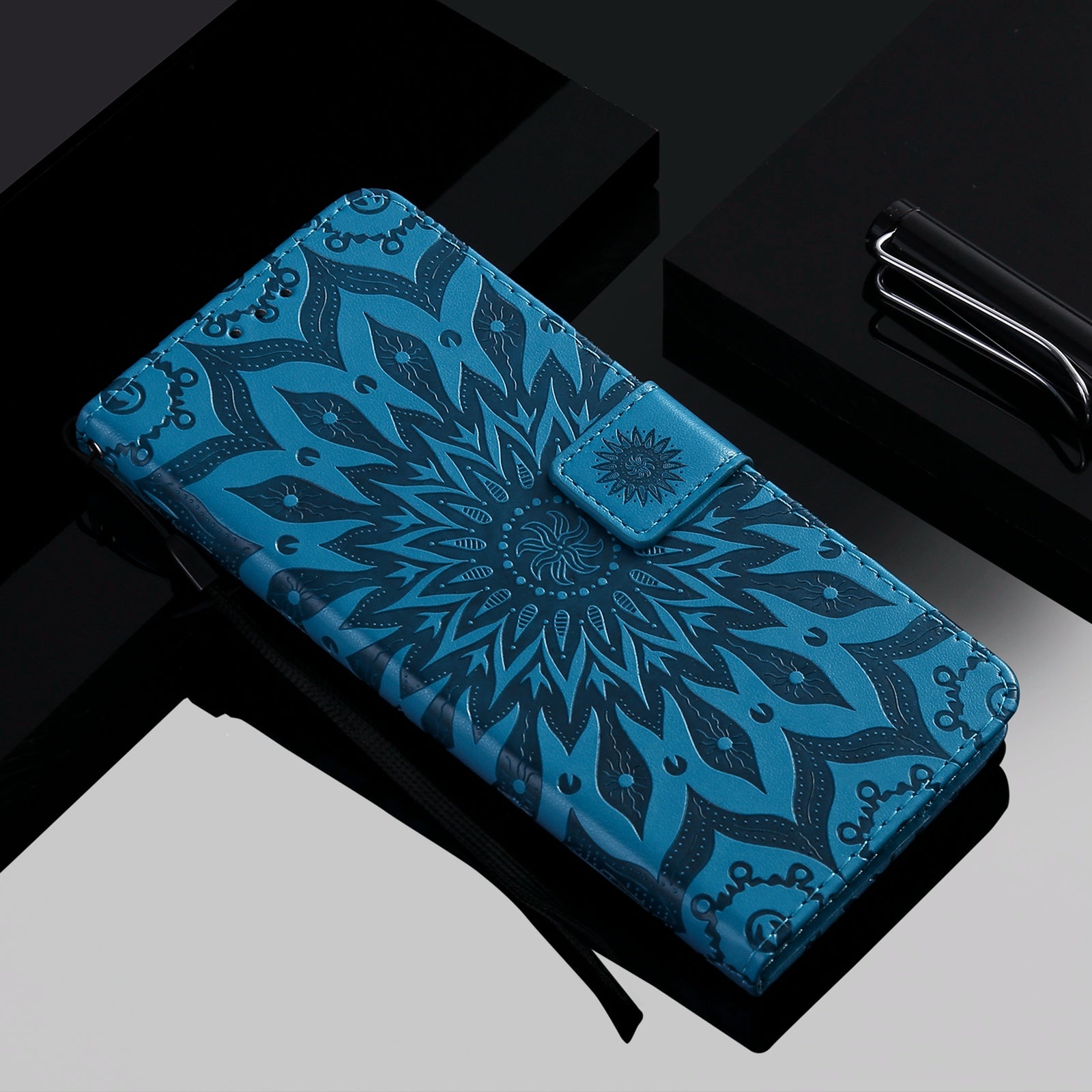 KT Imprinting Flower Series-1 for vivo Y16 4G / Y02s 4G Adjustable Stand Phone Wallet Cover  Sunflower Imprinted PU Leather Shockproof Phone Case - Blue