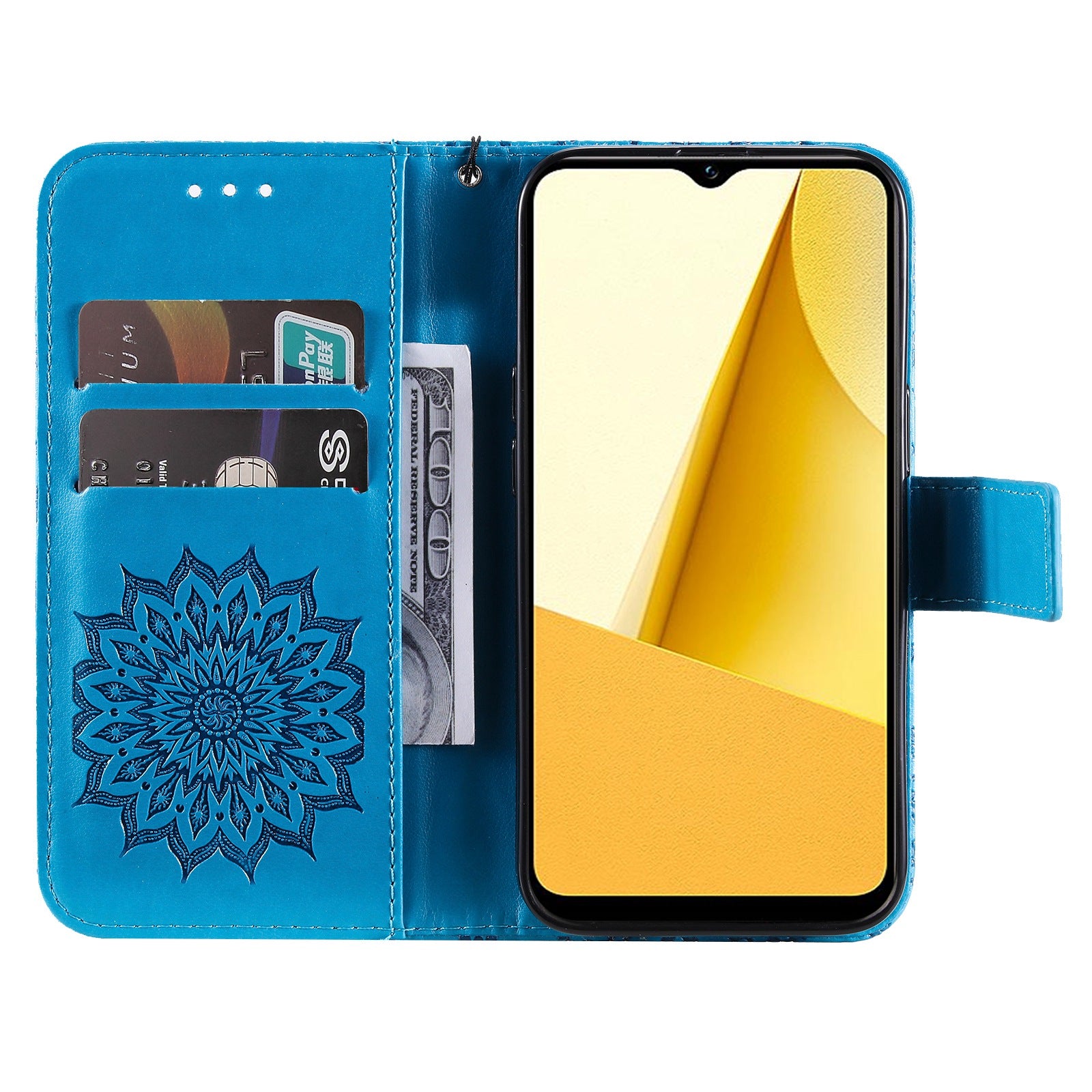 KT Imprinting Flower Series-1 for vivo Y16 4G / Y02s 4G Adjustable Stand Phone Wallet Cover  Sunflower Imprinted PU Leather Shockproof Phone Case - Blue