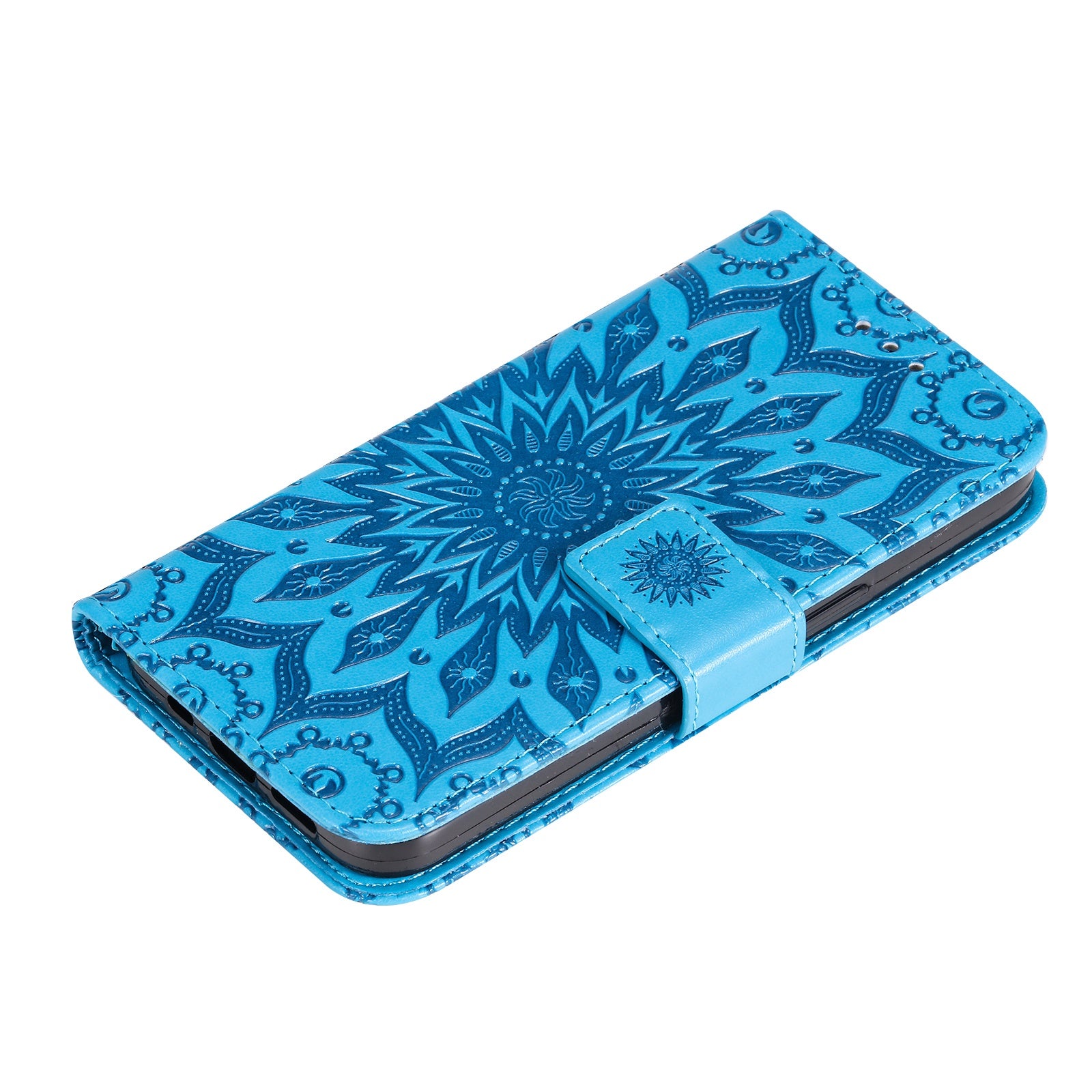 KT Imprinting Flower Series-1 for vivo Y16 4G / Y02s 4G Adjustable Stand Phone Wallet Cover  Sunflower Imprinted PU Leather Shockproof Phone Case - Blue