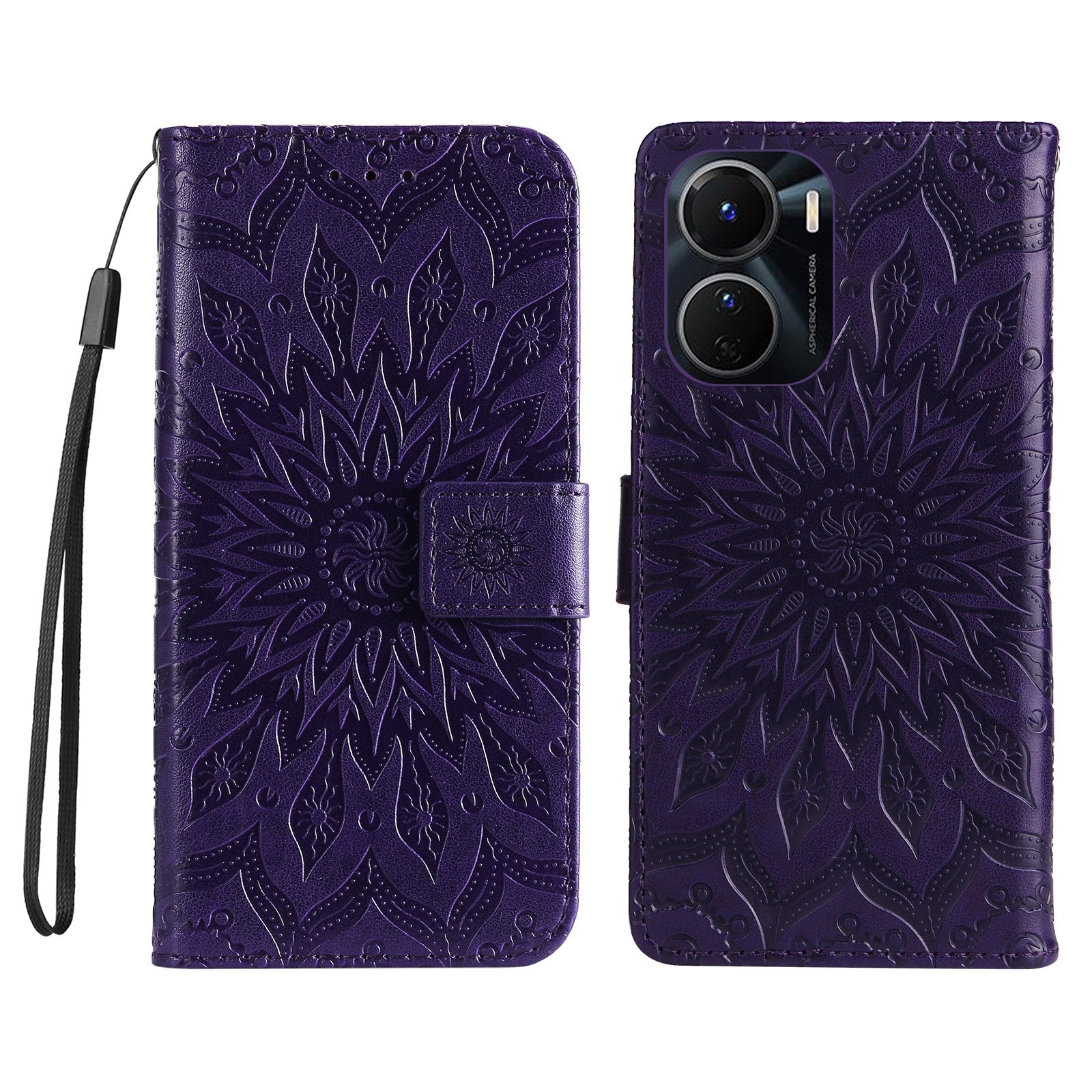 KT Imprinting Flower Series-1 for vivo Y16 4G / Y02s 4G Adjustable Stand Phone Wallet Cover  Sunflower Imprinted PU Leather Shockproof Phone Case - Purple