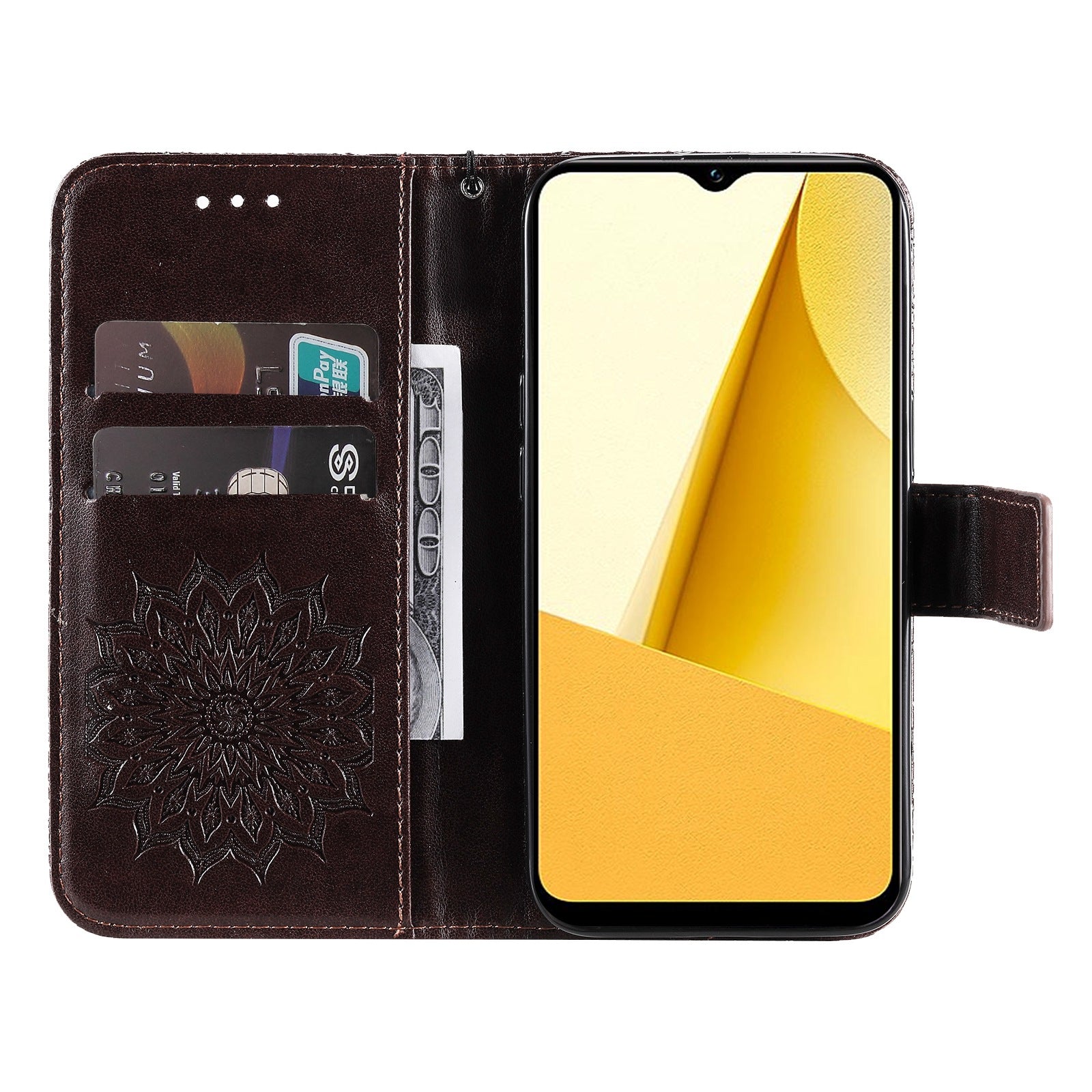 KT Imprinting Flower Series-1 for vivo Y16 4G / Y02s 4G Adjustable Stand Phone Wallet Cover  Sunflower Imprinted PU Leather Shockproof Phone Case - Brown