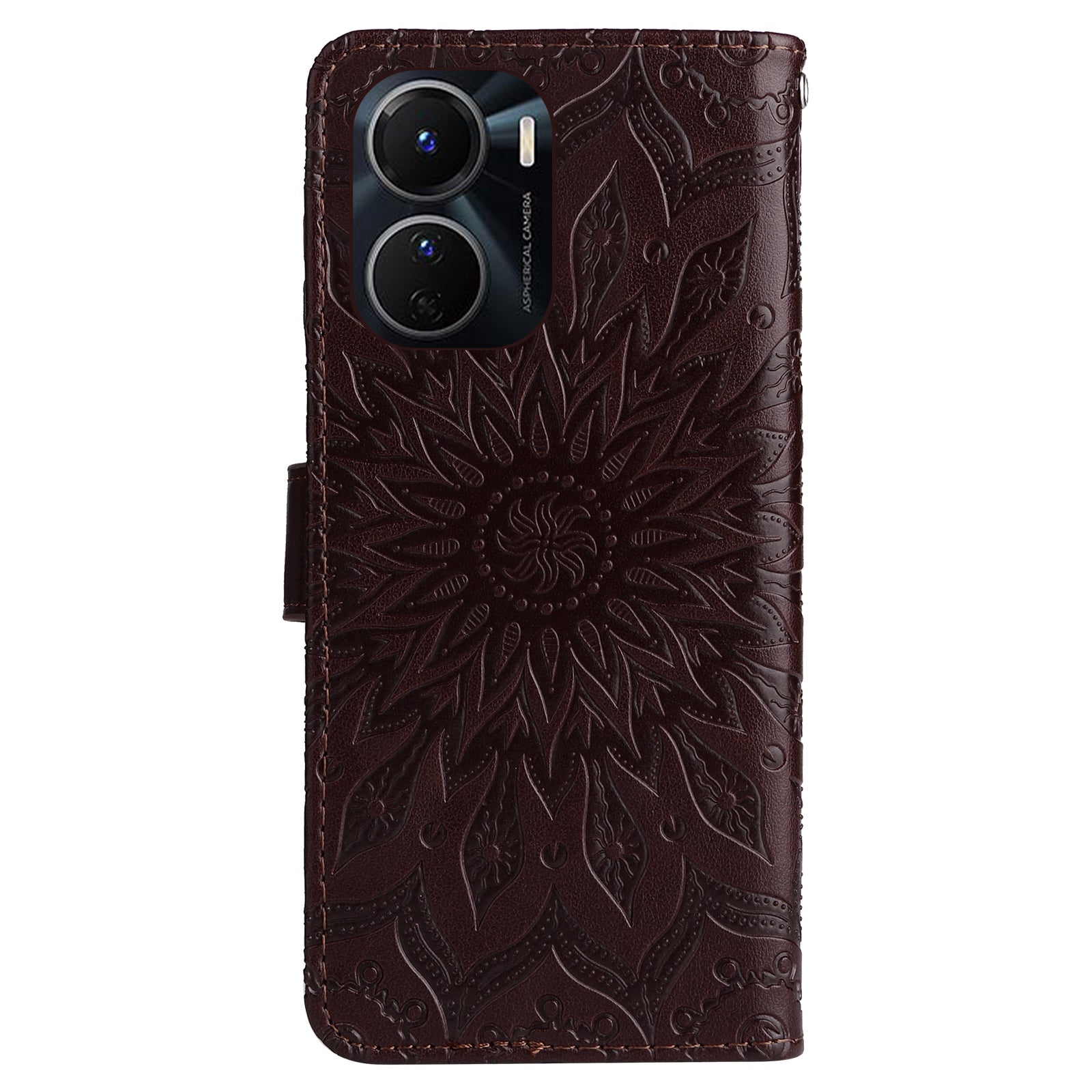 KT Imprinting Flower Series-1 for vivo Y16 4G / Y02s 4G Adjustable Stand Phone Wallet Cover  Sunflower Imprinted PU Leather Shockproof Phone Case - Brown