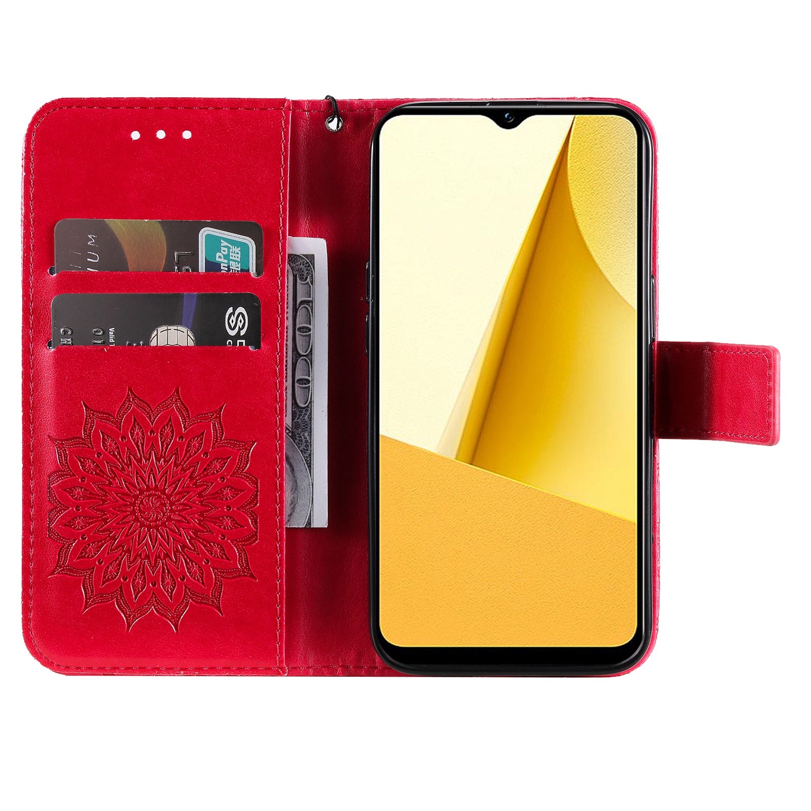 KT Imprinting Flower Series-1 for vivo Y16 4G / Y02s 4G Adjustable Stand Phone Wallet Cover  Sunflower Imprinted PU Leather Shockproof Phone Case - Red