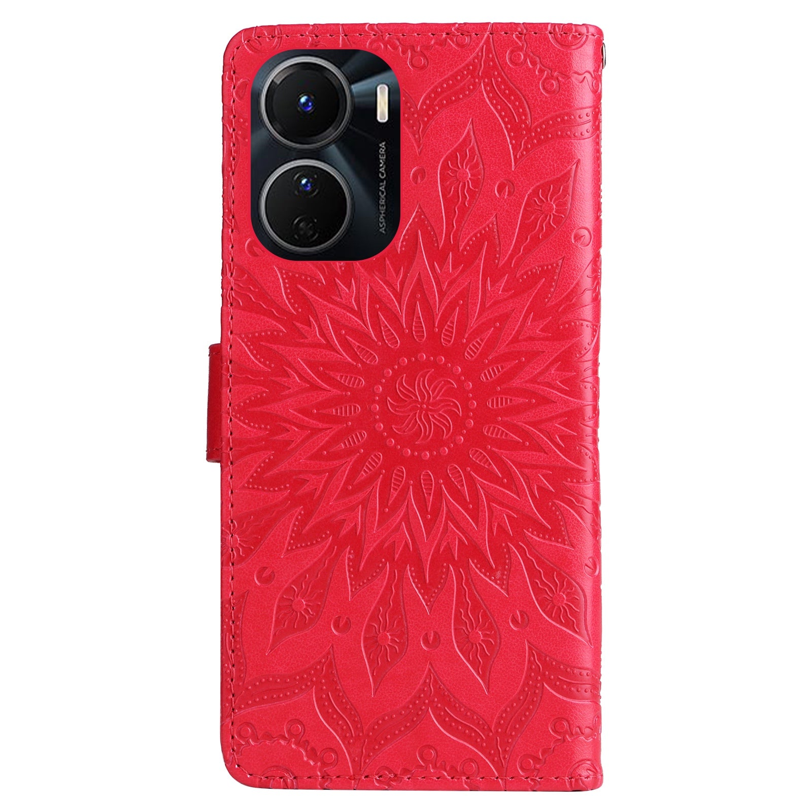 KT Imprinting Flower Series-1 for vivo Y16 4G / Y02s 4G Adjustable Stand Phone Wallet Cover  Sunflower Imprinted PU Leather Shockproof Phone Case - Red