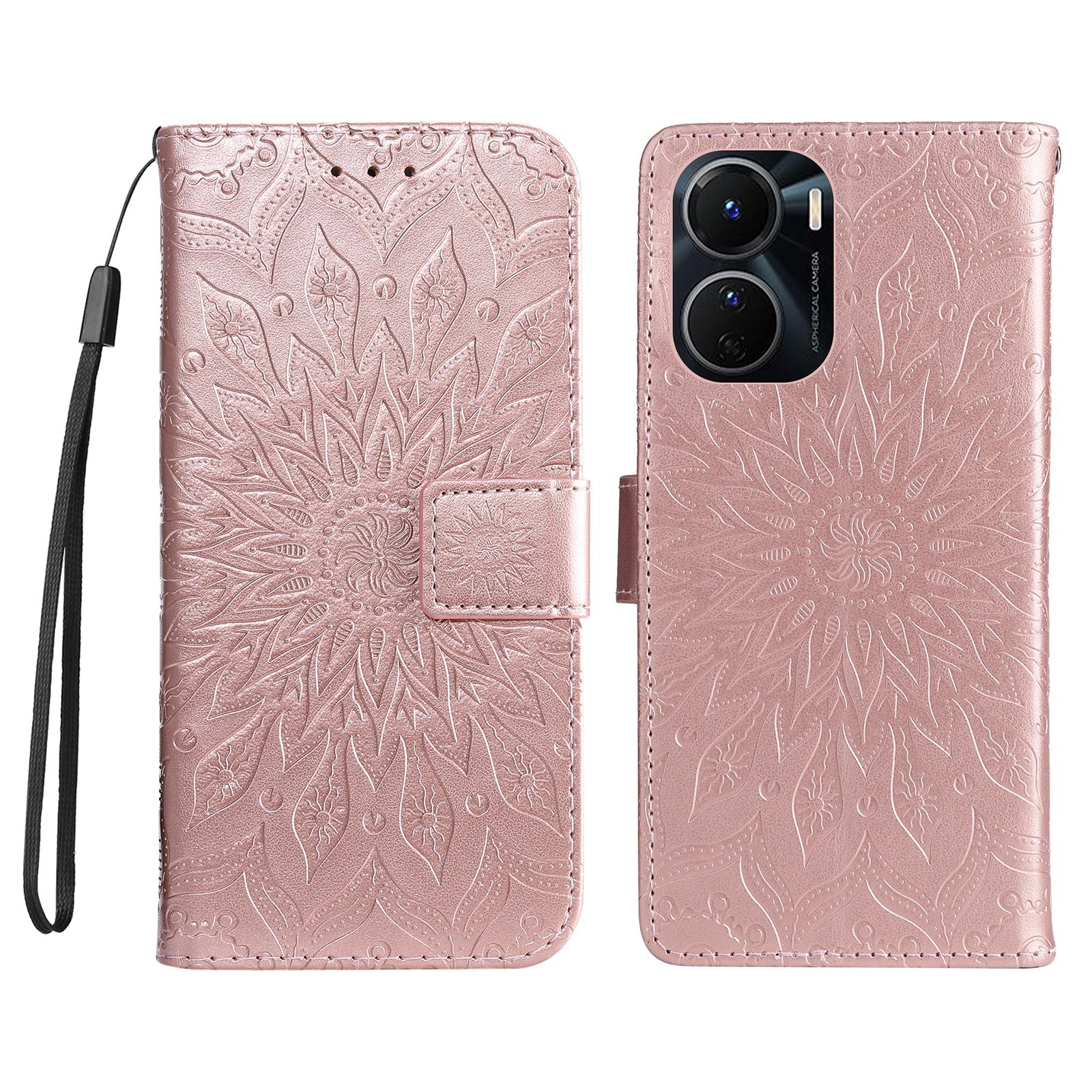 KT Imprinting Flower Series-1 for vivo Y16 4G / Y02s 4G Adjustable Stand Phone Wallet Cover  Sunflower Imprinted PU Leather Shockproof Phone Case - Rose Gold