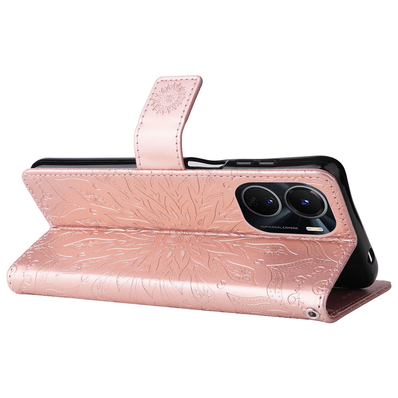 KT Imprinting Flower Series-1 for vivo Y16 4G / Y02s 4G Adjustable Stand Phone Wallet Cover  Sunflower Imprinted PU Leather Shockproof Phone Case - Rose Gold