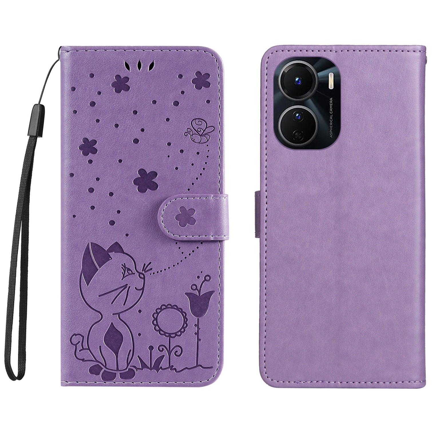 KT Imprinting Flower Series-4 for vivo Y16 4G / Y02s 4G Full Protection Imprinted Cat Bee Flower Stand Wallet Phone Case PU Leather Phone Shell - Purple