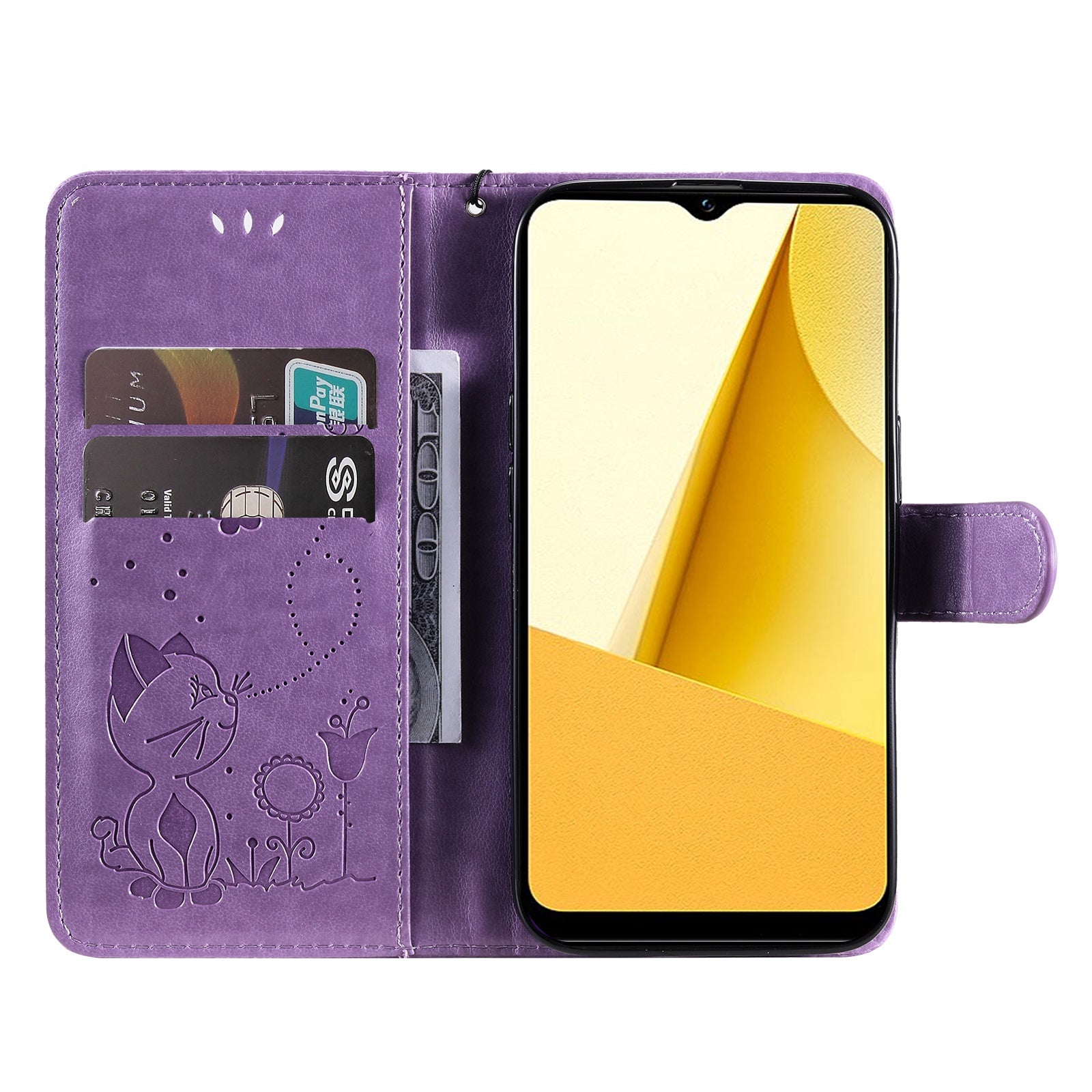 KT Imprinting Flower Series-4 for vivo Y16 4G / Y02s 4G Full Protection Imprinted Cat Bee Flower Stand Wallet Phone Case PU Leather Phone Shell - Purple