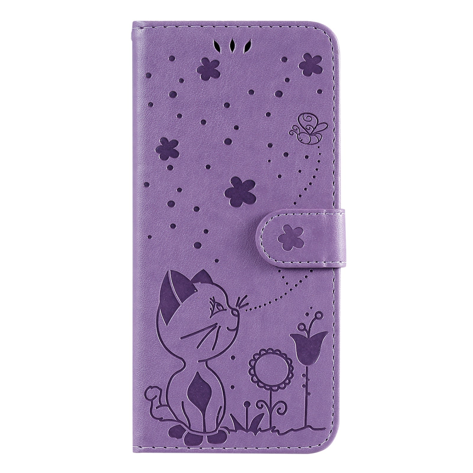 KT Imprinting Flower Series-4 for vivo Y16 4G / Y02s 4G Full Protection Imprinted Cat Bee Flower Stand Wallet Phone Case PU Leather Phone Shell - Purple