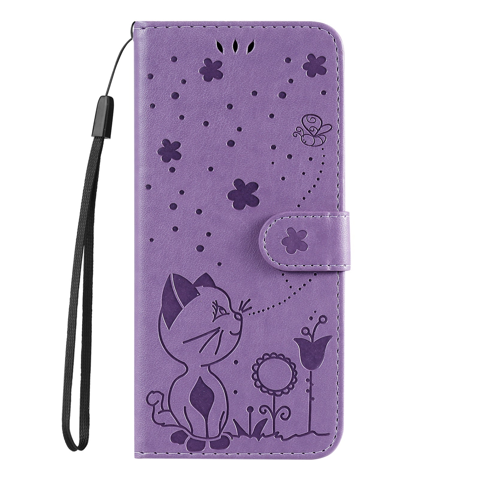 KT Imprinting Flower Series-4 for vivo Y16 4G / Y02s 4G Full Protection Imprinted Cat Bee Flower Stand Wallet Phone Case PU Leather Phone Shell - Purple