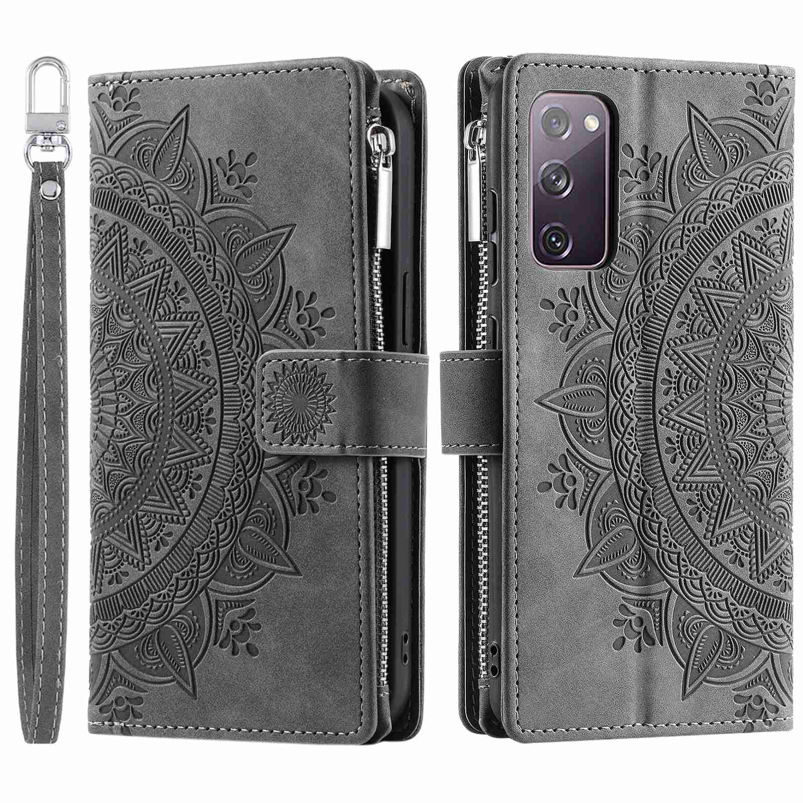 For Samsung Galaxy S20 FE 4G  /  5G  /  S20 FE 2022  /  S20 Lite Zipper Pocket Phone Case, Anti-fall Mandala Flower Imprinted PU Leather Stand Cover Multiple Card Slots Wallet - Grey