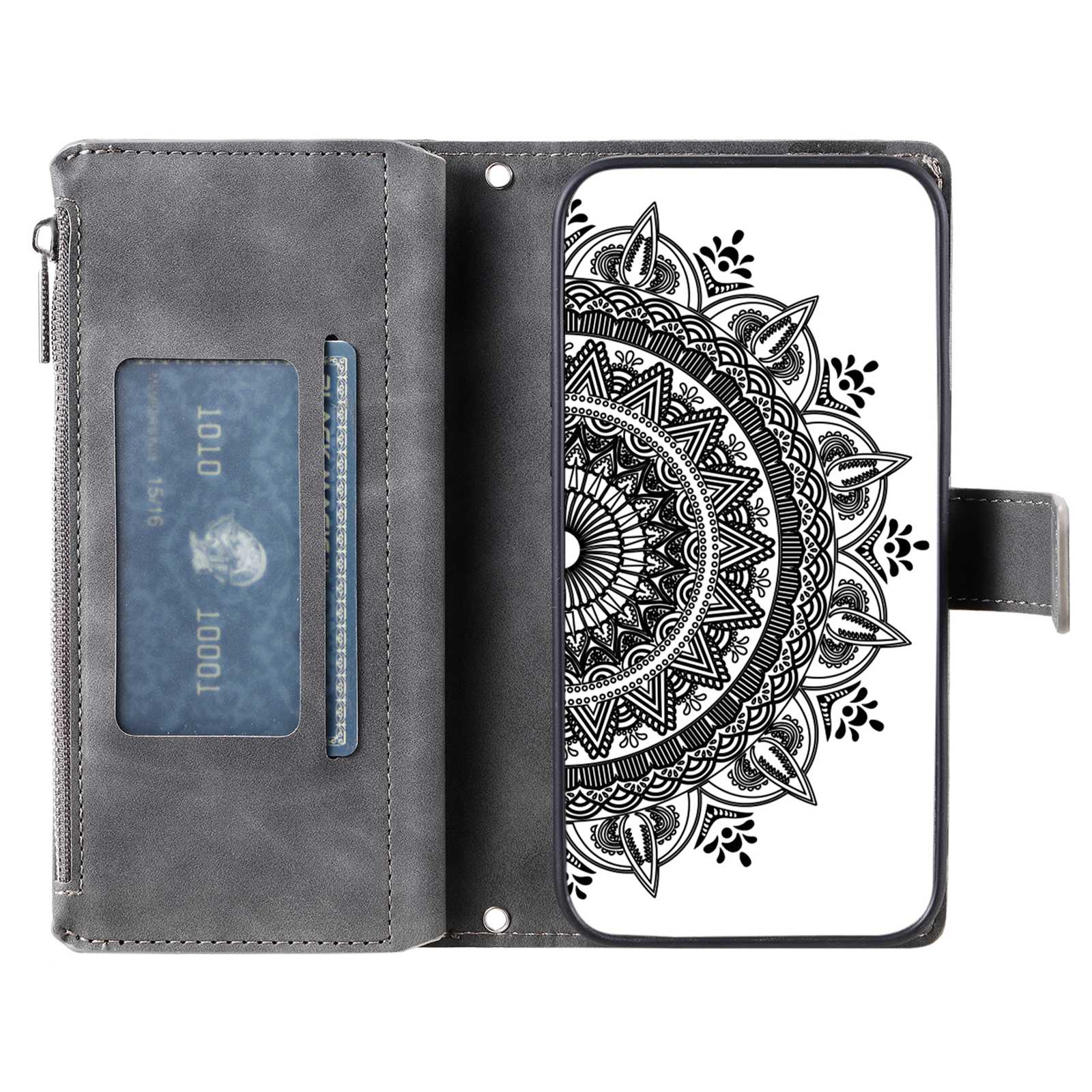 For Samsung Galaxy S20 FE 4G  /  5G  /  S20 FE 2022  /  S20 Lite Zipper Pocket Phone Case, Anti-fall Mandala Flower Imprinted PU Leather Stand Cover Multiple Card Slots Wallet - Grey