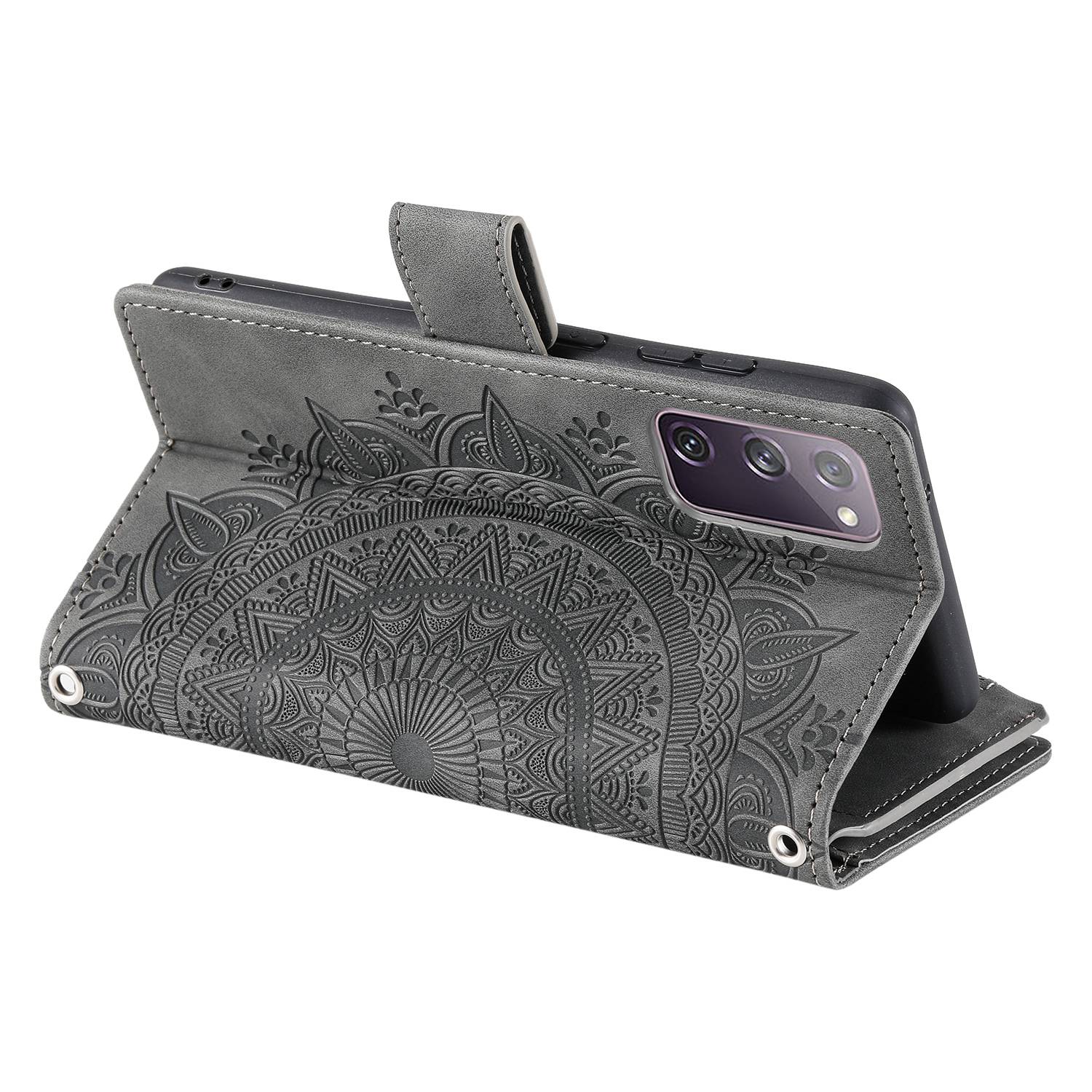 For Samsung Galaxy S20 FE 4G  /  5G  /  S20 FE 2022  /  S20 Lite Zipper Pocket Phone Case, Anti-fall Mandala Flower Imprinted PU Leather Stand Cover Multiple Card Slots Wallet - Grey