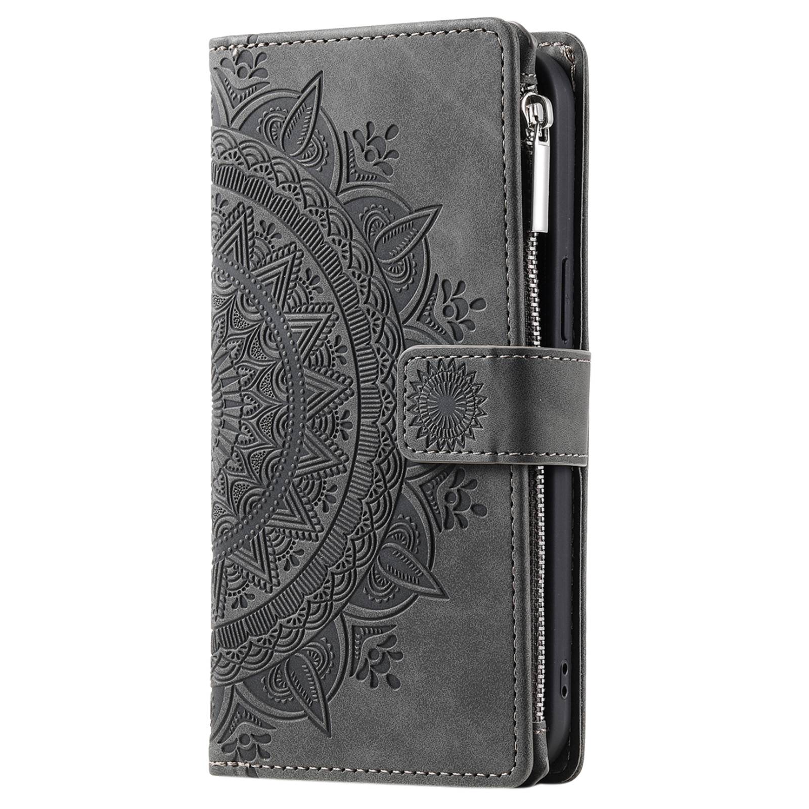 For Samsung Galaxy S20 FE 4G  /  5G  /  S20 FE 2022  /  S20 Lite Zipper Pocket Phone Case, Anti-fall Mandala Flower Imprinted PU Leather Stand Cover Multiple Card Slots Wallet - Grey