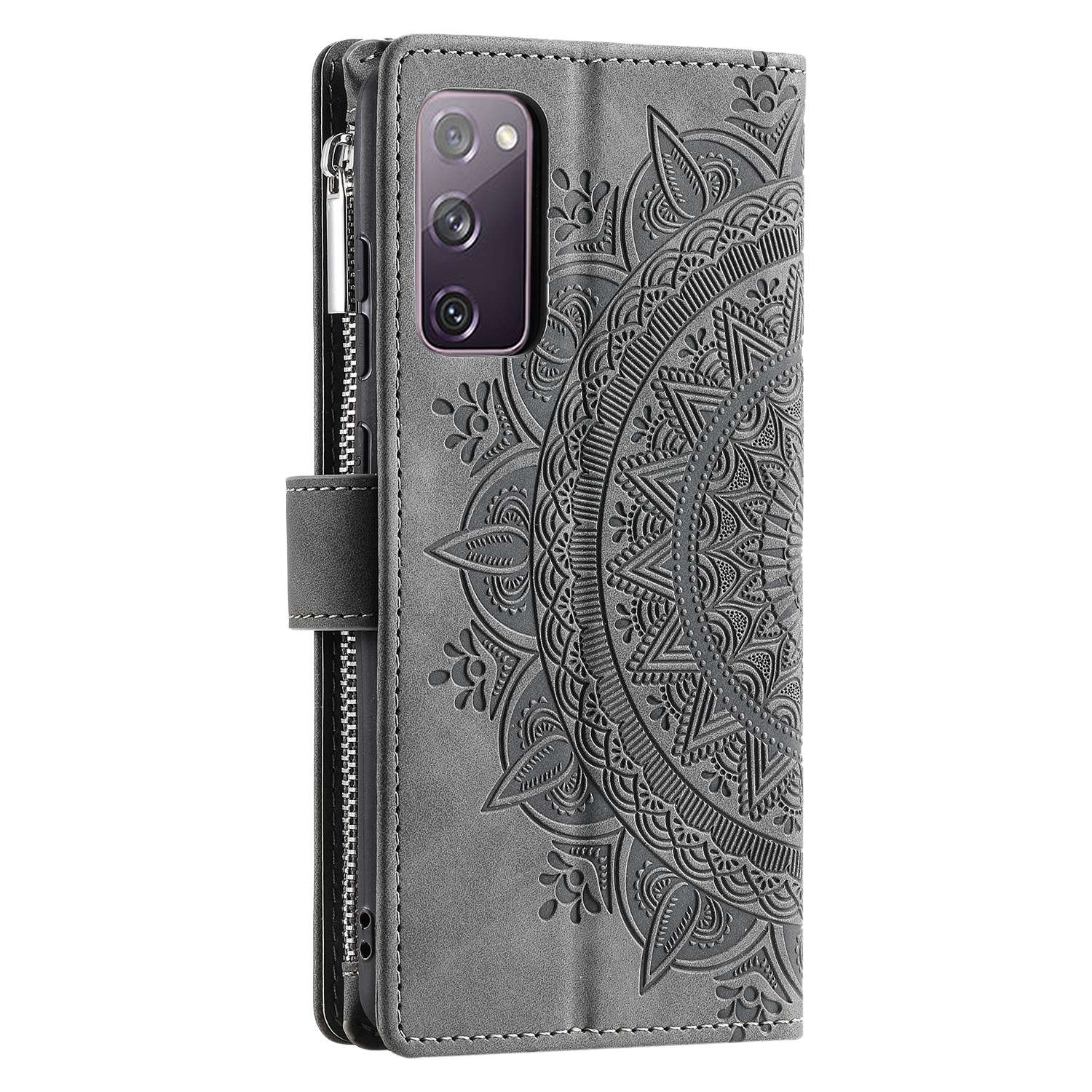 For Samsung Galaxy S20 FE 4G  /  5G  /  S20 FE 2022  /  S20 Lite Zipper Pocket Phone Case, Anti-fall Mandala Flower Imprinted PU Leather Stand Cover Multiple Card Slots Wallet - Grey