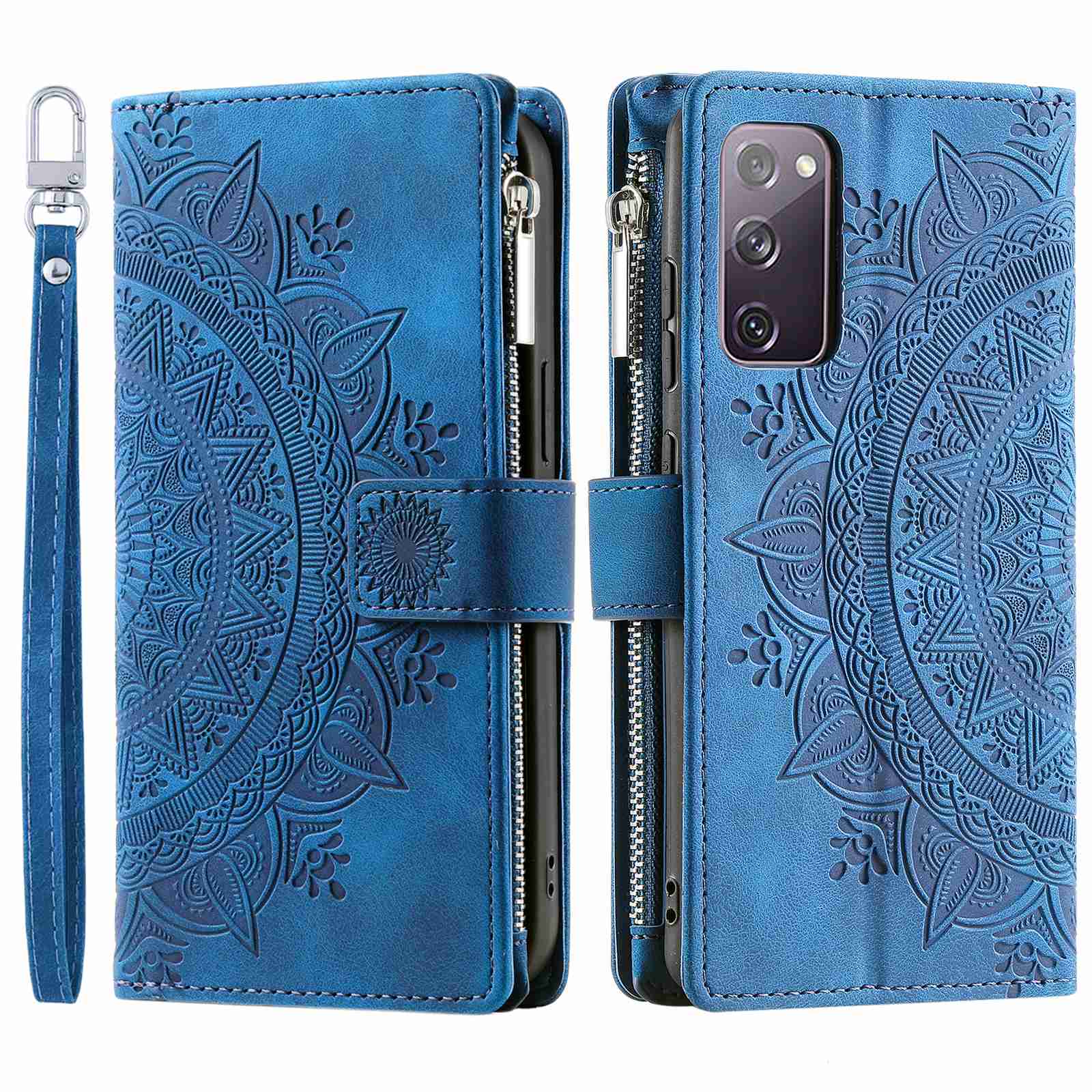 For Samsung Galaxy S20 FE 4G  /  5G  /  S20 FE 2022  /  S20 Lite Zipper Pocket Phone Case, Anti-fall Mandala Flower Imprinted PU Leather Stand Cover Multiple Card Slots Wallet - Blue