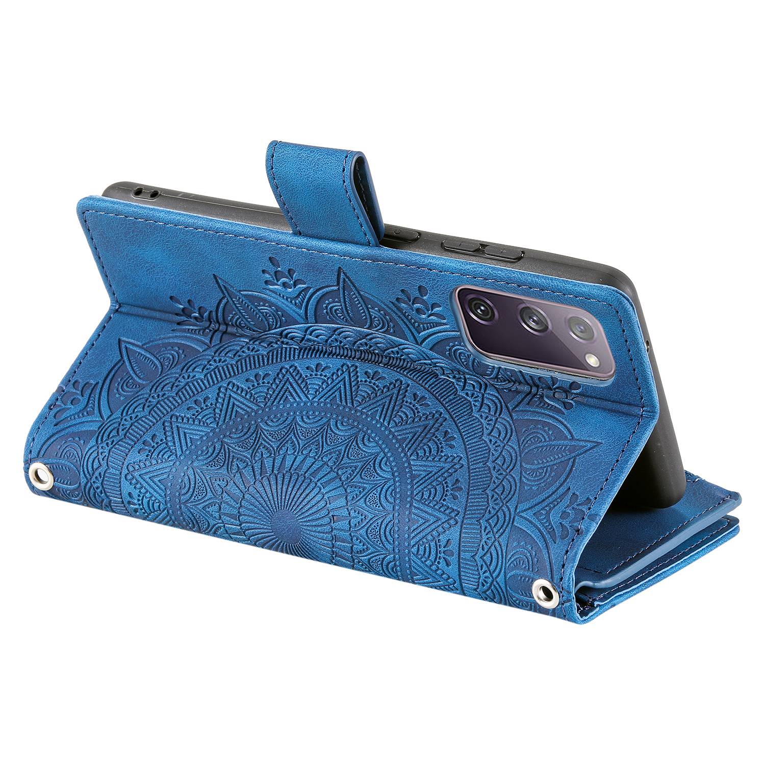 For Samsung Galaxy S20 FE 4G  /  5G  /  S20 FE 2022  /  S20 Lite Zipper Pocket Phone Case, Anti-fall Mandala Flower Imprinted PU Leather Stand Cover Multiple Card Slots Wallet - Blue