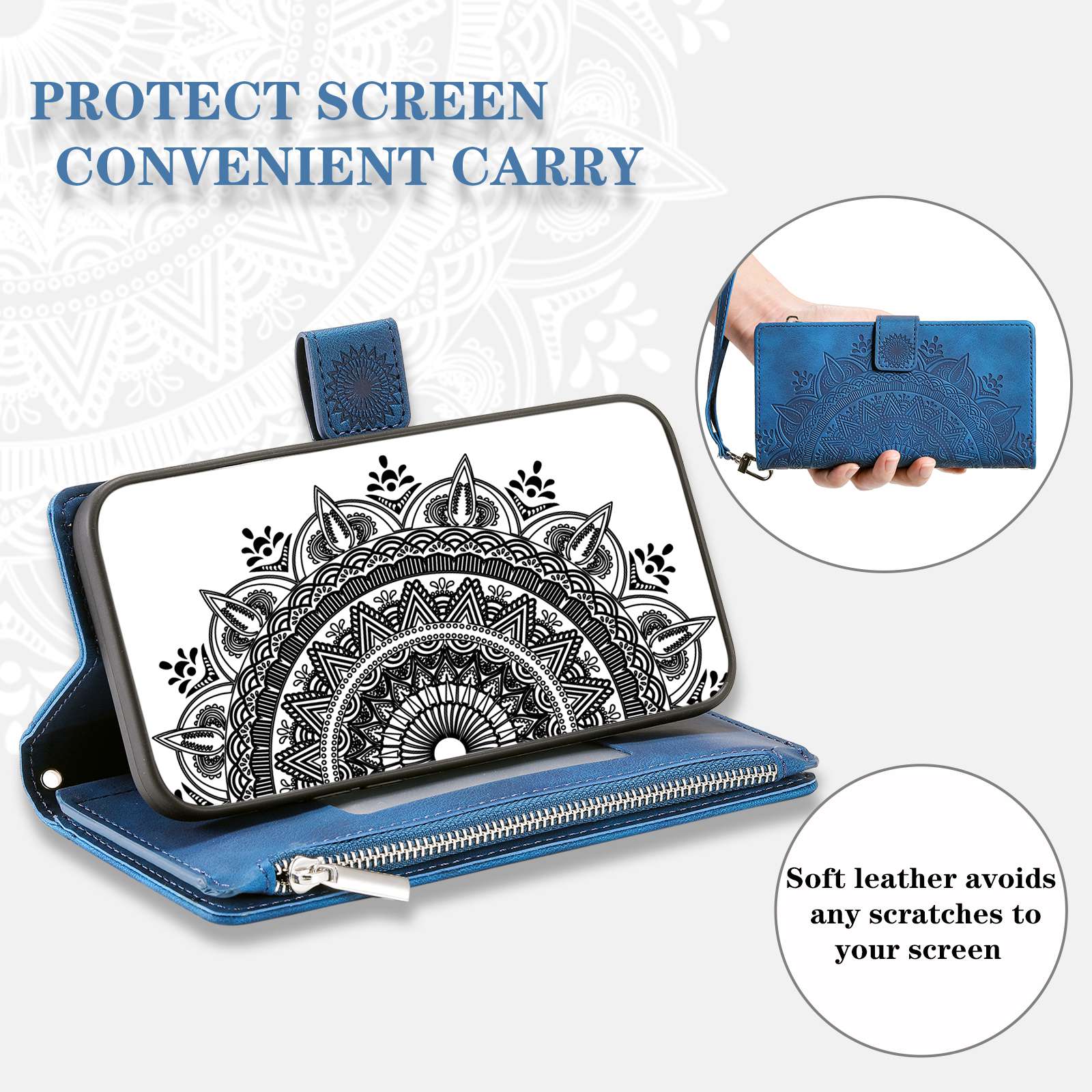 For Samsung Galaxy S20 FE 4G  /  5G  /  S20 FE 2022  /  S20 Lite Zipper Pocket Phone Case, Anti-fall Mandala Flower Imprinted PU Leather Stand Cover Multiple Card Slots Wallet - Blue