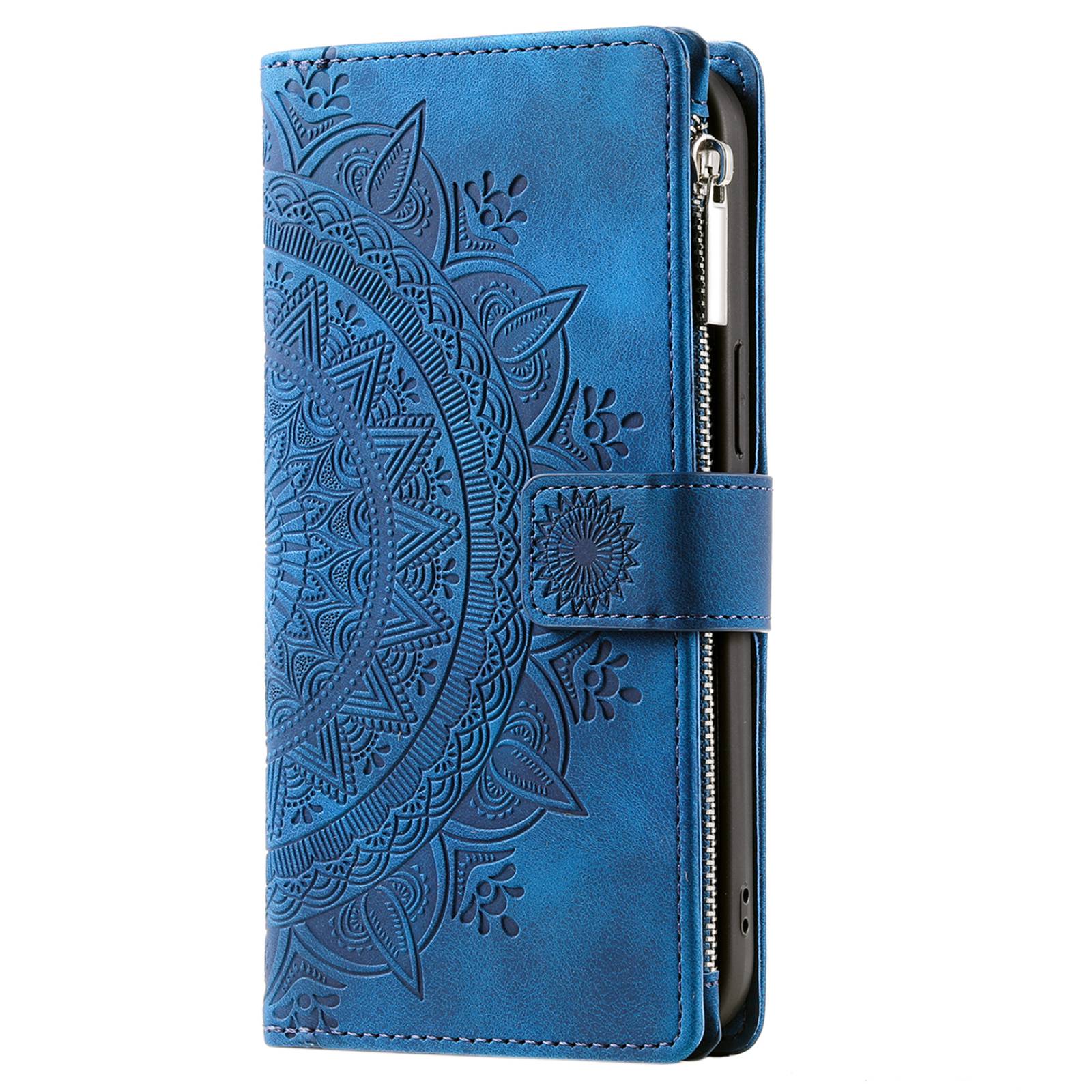 For Samsung Galaxy S20 FE 4G  /  5G  /  S20 FE 2022  /  S20 Lite Zipper Pocket Phone Case, Anti-fall Mandala Flower Imprinted PU Leather Stand Cover Multiple Card Slots Wallet - Blue