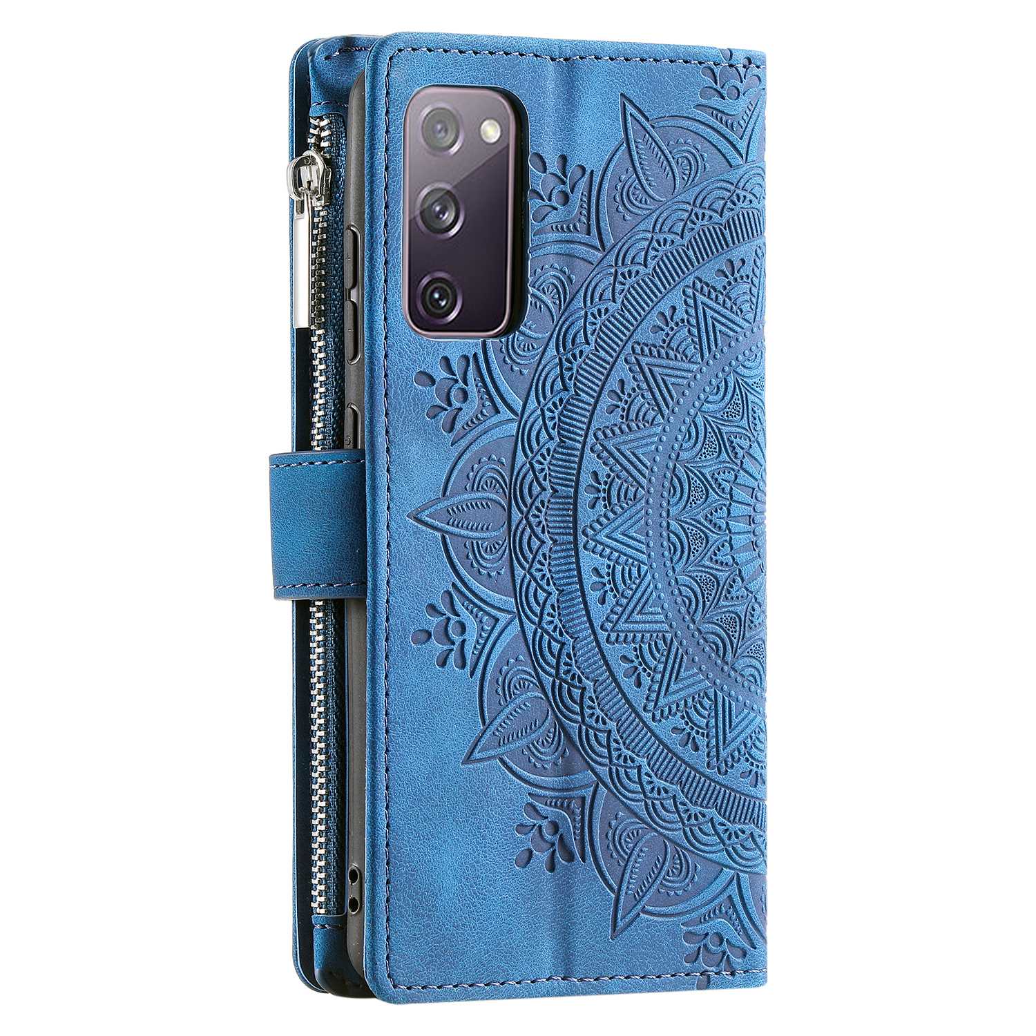 For Samsung Galaxy S20 FE 4G  /  5G  /  S20 FE 2022  /  S20 Lite Zipper Pocket Phone Case, Anti-fall Mandala Flower Imprinted PU Leather Stand Cover Multiple Card Slots Wallet - Blue