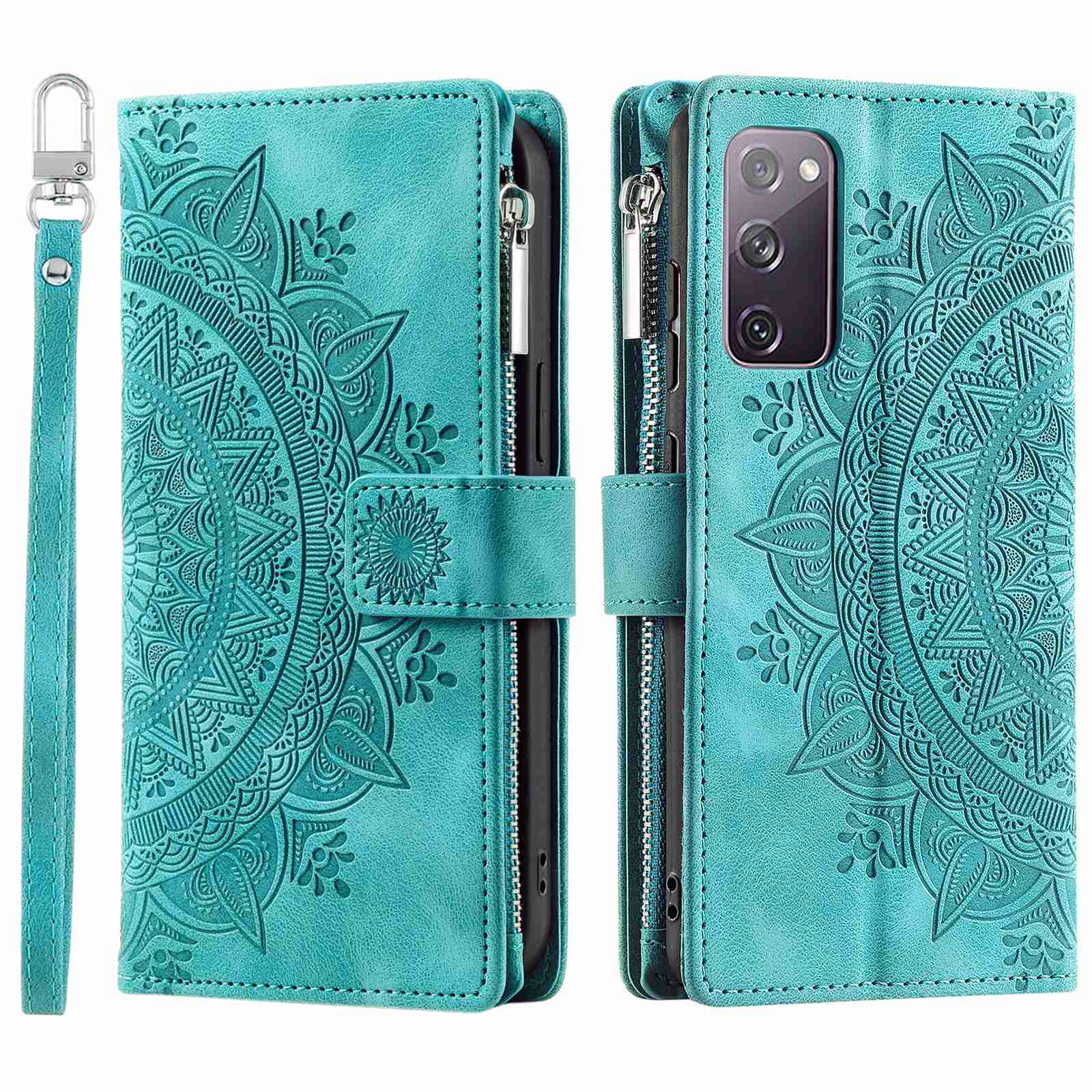 For Samsung Galaxy S20 FE 4G  /  5G  /  S20 FE 2022  /  S20 Lite Zipper Pocket Phone Case, Anti-fall Mandala Flower Imprinted PU Leather Stand Cover Multiple Card Slots Wallet - Green