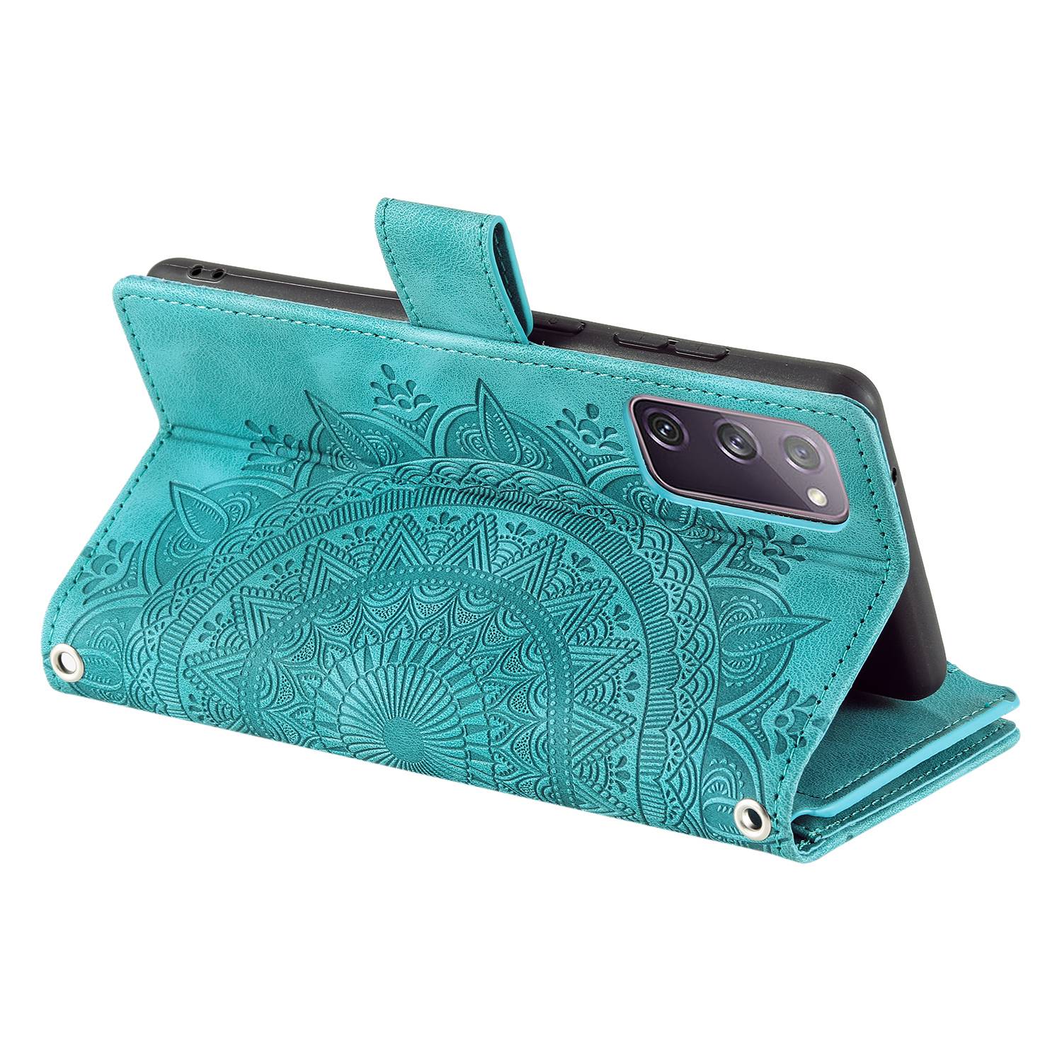 For Samsung Galaxy S20 FE 4G  /  5G  /  S20 FE 2022  /  S20 Lite Zipper Pocket Phone Case, Anti-fall Mandala Flower Imprinted PU Leather Stand Cover Multiple Card Slots Wallet - Green