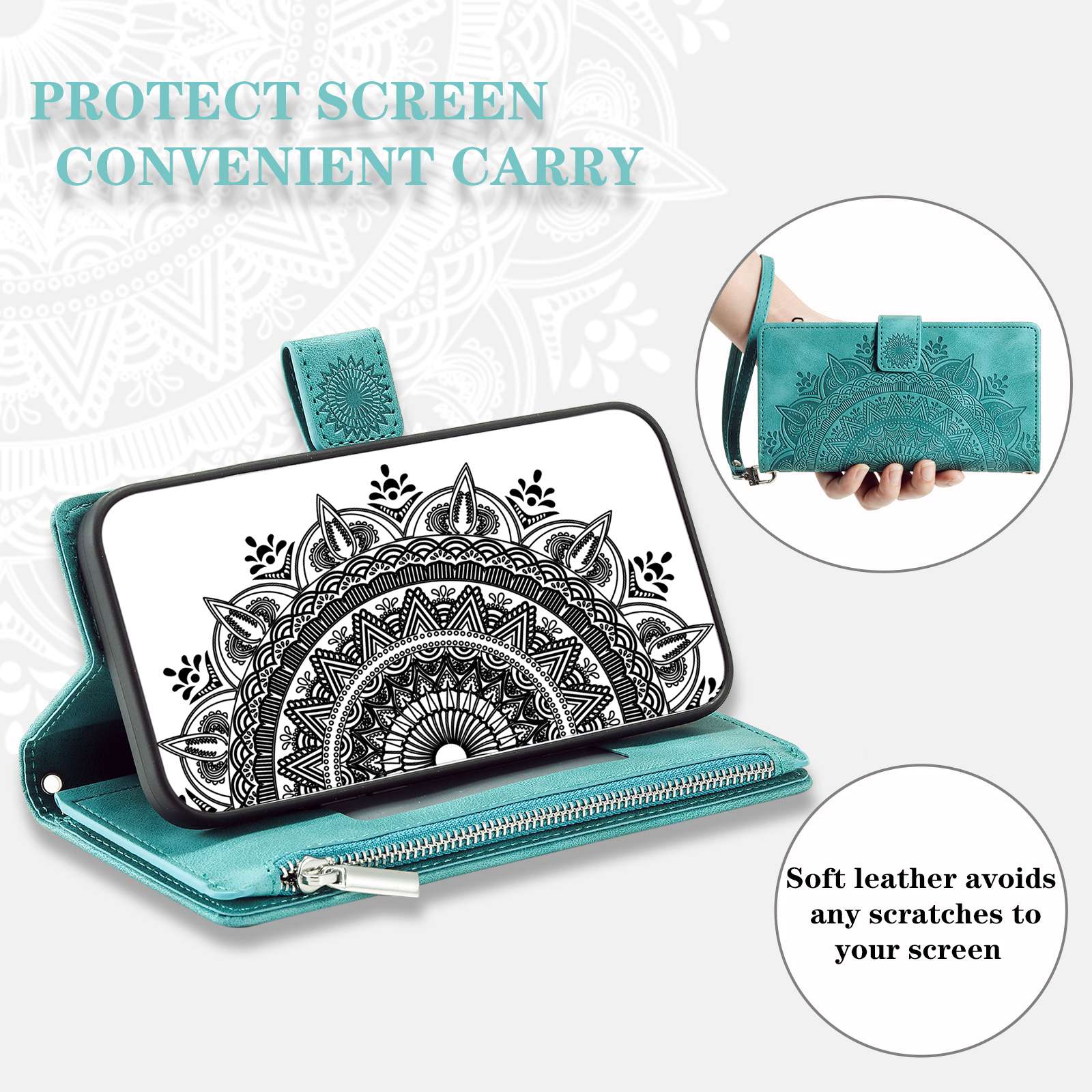 For Samsung Galaxy S20 FE 4G  /  5G  /  S20 FE 2022  /  S20 Lite Zipper Pocket Phone Case, Anti-fall Mandala Flower Imprinted PU Leather Stand Cover Multiple Card Slots Wallet - Green