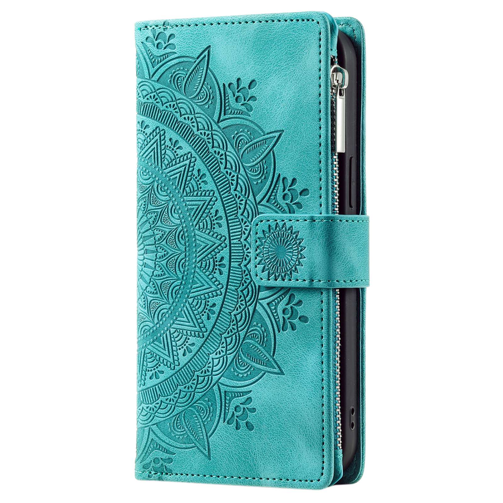 For Samsung Galaxy S20 FE 4G  /  5G  /  S20 FE 2022  /  S20 Lite Zipper Pocket Phone Case, Anti-fall Mandala Flower Imprinted PU Leather Stand Cover Multiple Card Slots Wallet - Green