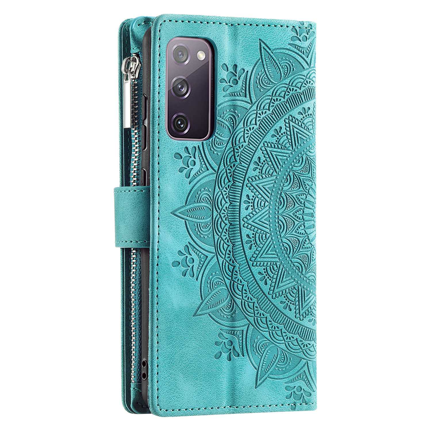 For Samsung Galaxy S20 FE 4G  /  5G  /  S20 FE 2022  /  S20 Lite Zipper Pocket Phone Case, Anti-fall Mandala Flower Imprinted PU Leather Stand Cover Multiple Card Slots Wallet - Green