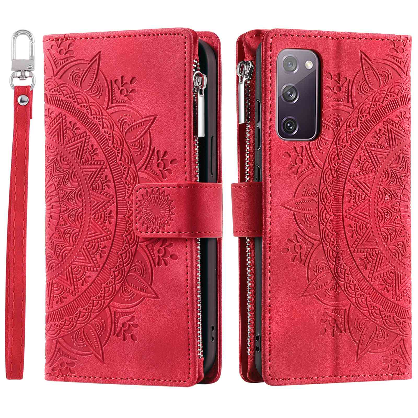 For Samsung Galaxy S20 FE 4G  /  5G  /  S20 FE 2022  /  S20 Lite Zipper Pocket Phone Case, Anti-fall Mandala Flower Imprinted PU Leather Stand Cover Multiple Card Slots Wallet - Rose