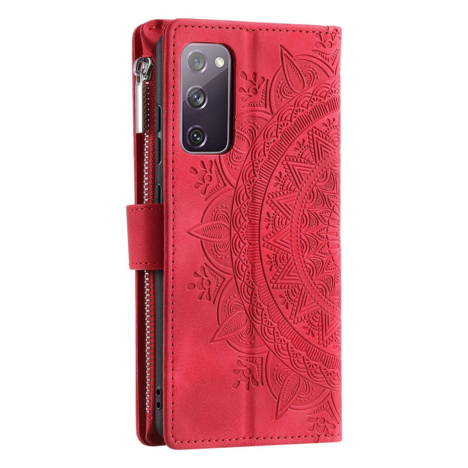 For Samsung Galaxy S20 FE 4G  /  5G  /  S20 FE 2022  /  S20 Lite Zipper Pocket Phone Case, Anti-fall Mandala Flower Imprinted PU Leather Stand Cover Multiple Card Slots Wallet - Rose