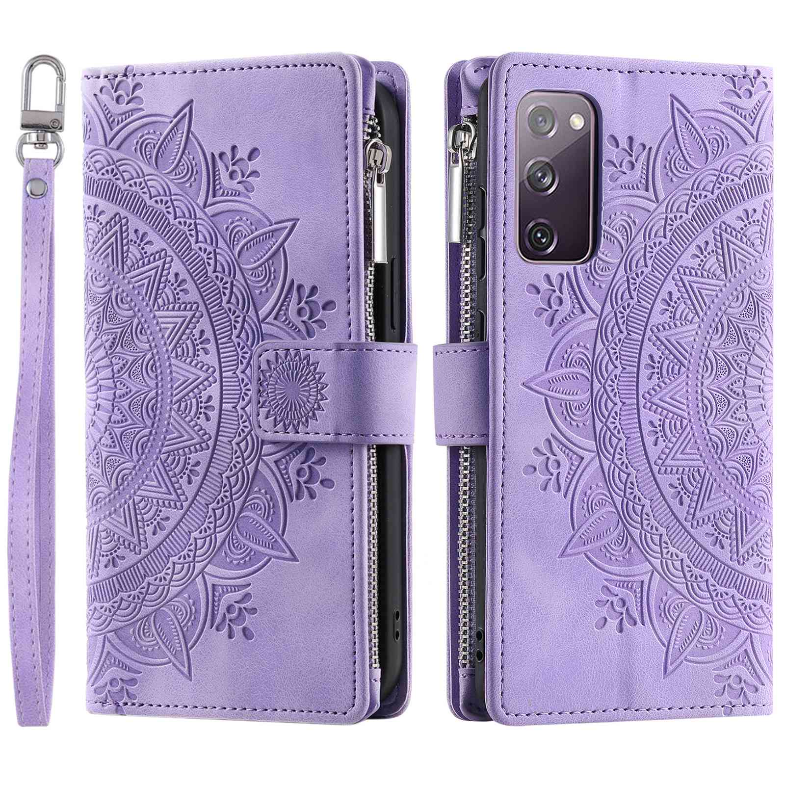 For Samsung Galaxy S20 FE 4G  /  5G  /  S20 FE 2022  /  S20 Lite Zipper Pocket Phone Case, Anti-fall Mandala Flower Imprinted PU Leather Stand Cover Multiple Card Slots Wallet - Purple