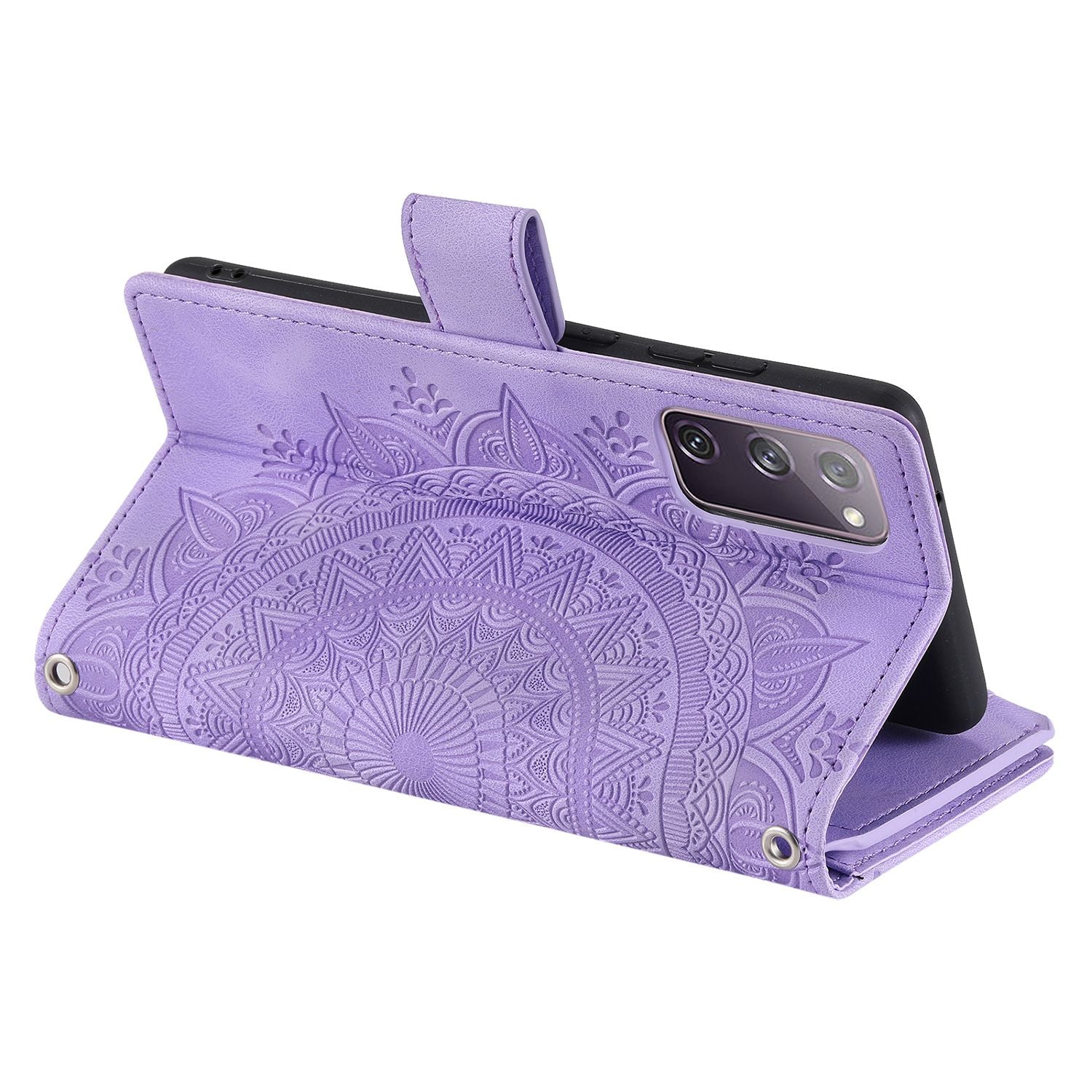 For Samsung Galaxy S20 FE 4G  /  5G  /  S20 FE 2022  /  S20 Lite Zipper Pocket Phone Case, Anti-fall Mandala Flower Imprinted PU Leather Stand Cover Multiple Card Slots Wallet - Purple