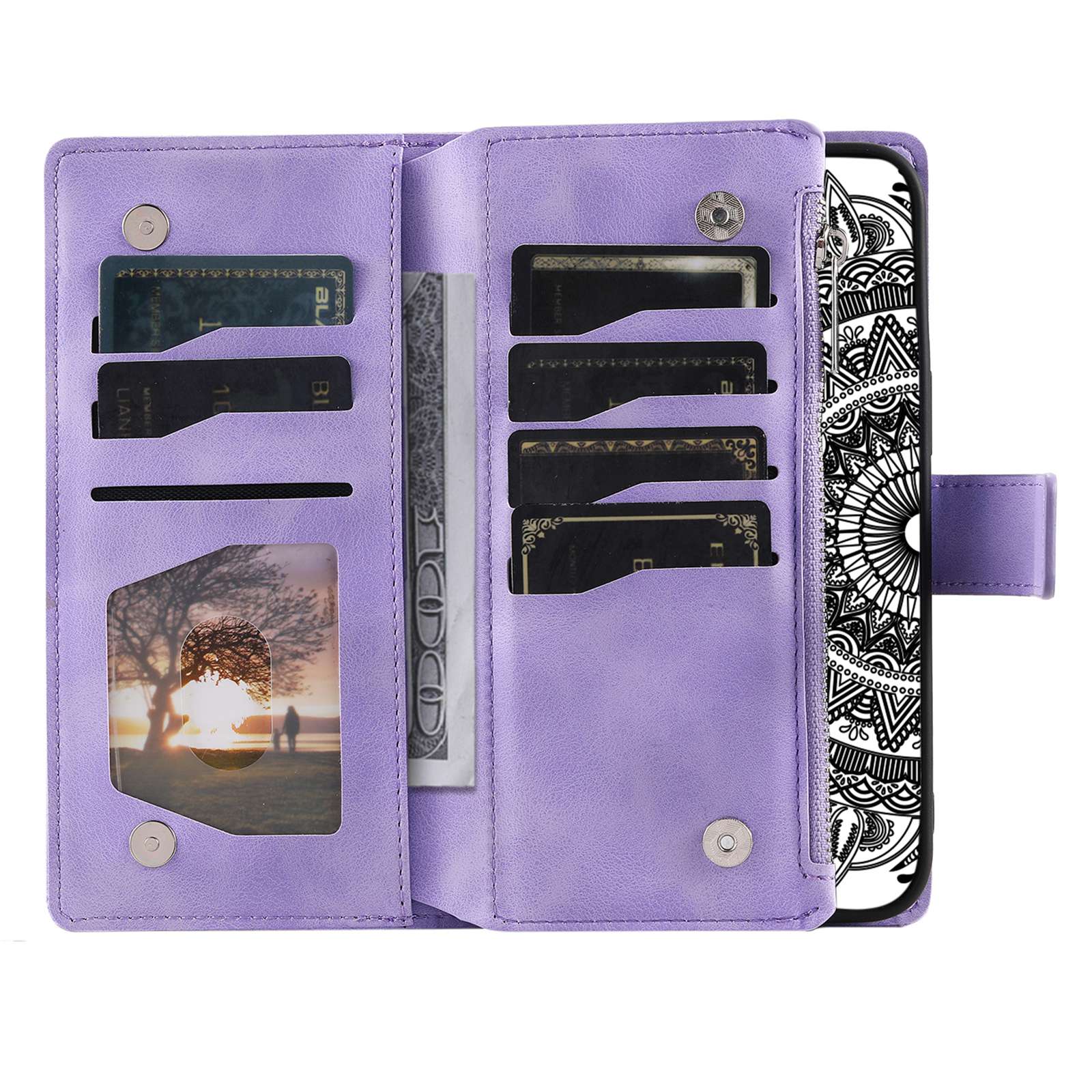 For Samsung Galaxy S20 FE 4G  /  5G  /  S20 FE 2022  /  S20 Lite Zipper Pocket Phone Case, Anti-fall Mandala Flower Imprinted PU Leather Stand Cover Multiple Card Slots Wallet - Purple