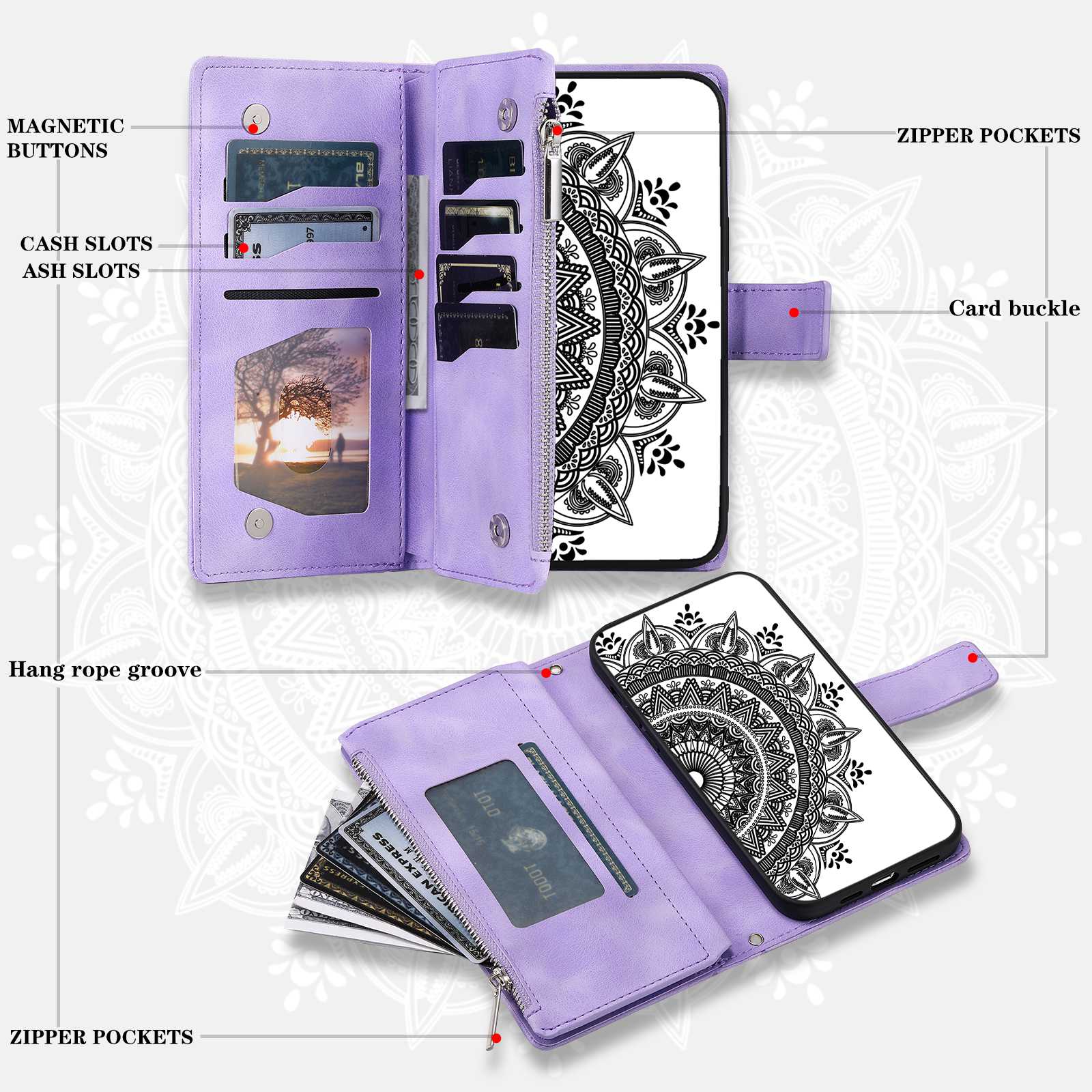 For Samsung Galaxy S20 FE 4G  /  5G  /  S20 FE 2022  /  S20 Lite Zipper Pocket Phone Case, Anti-fall Mandala Flower Imprinted PU Leather Stand Cover Multiple Card Slots Wallet - Purple