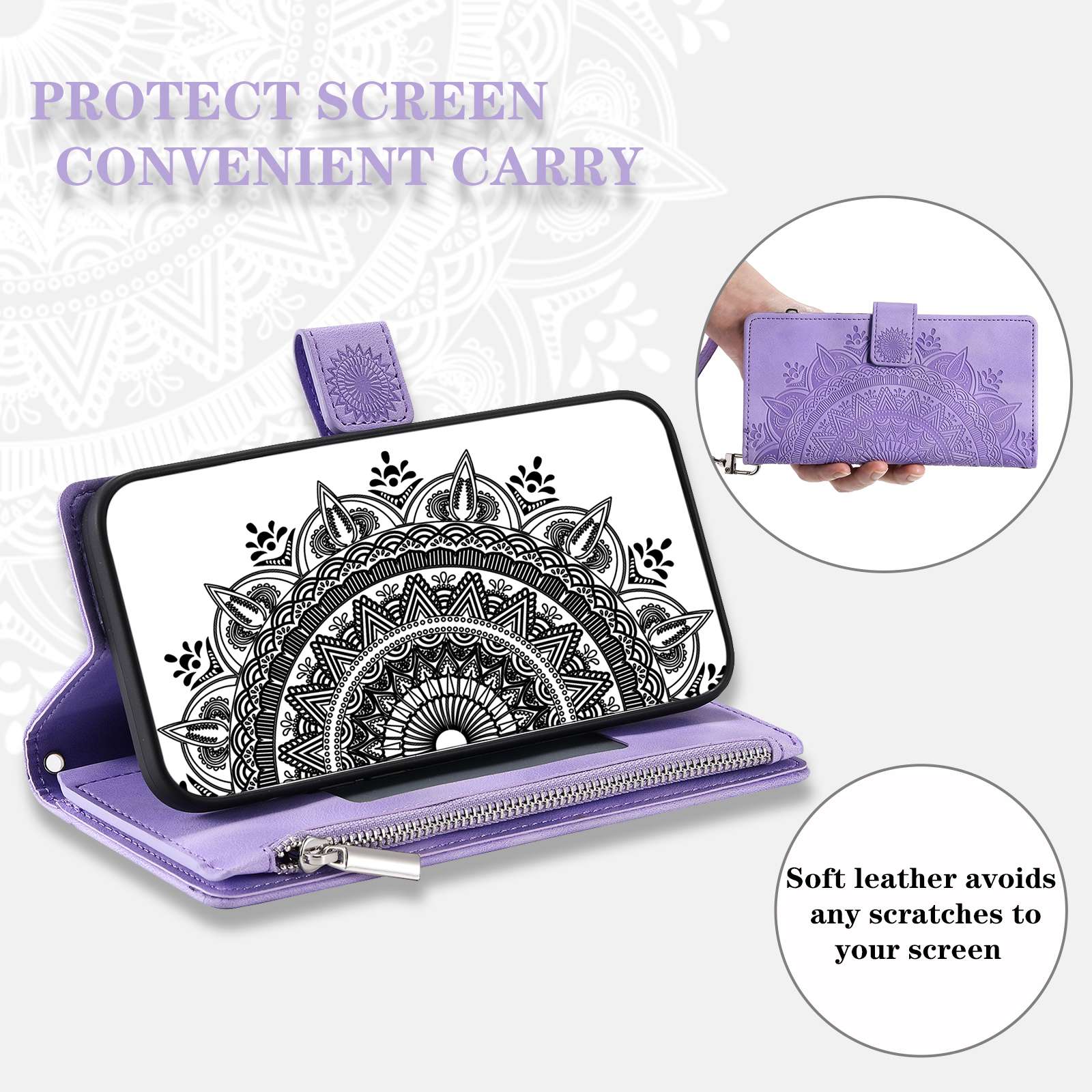 For Samsung Galaxy S20 FE 4G  /  5G  /  S20 FE 2022  /  S20 Lite Zipper Pocket Phone Case, Anti-fall Mandala Flower Imprinted PU Leather Stand Cover Multiple Card Slots Wallet - Purple