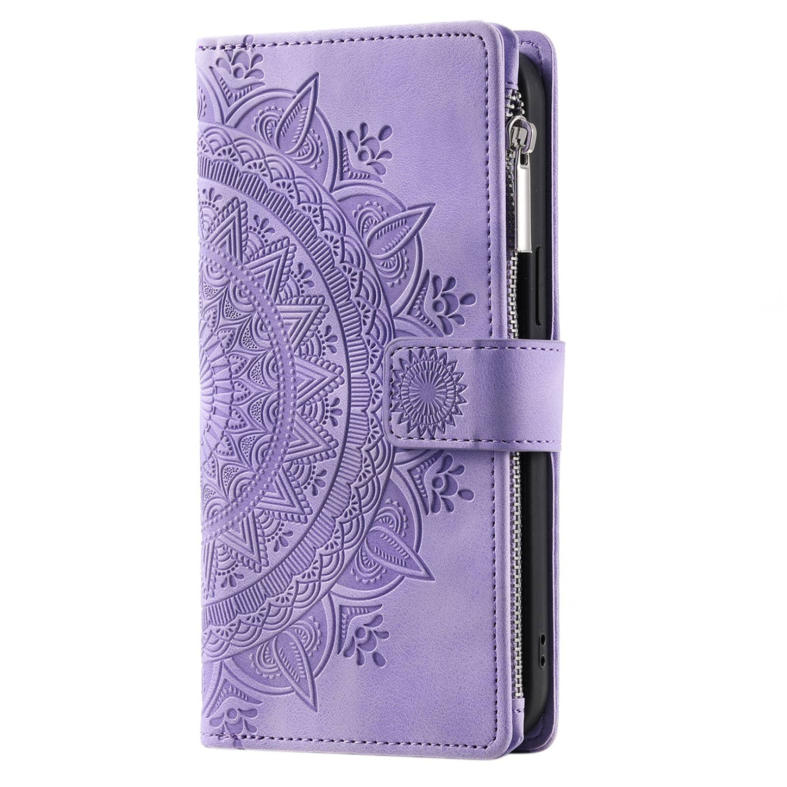 For Samsung Galaxy S20 FE 4G  /  5G  /  S20 FE 2022  /  S20 Lite Zipper Pocket Phone Case, Anti-fall Mandala Flower Imprinted PU Leather Stand Cover Multiple Card Slots Wallet - Purple