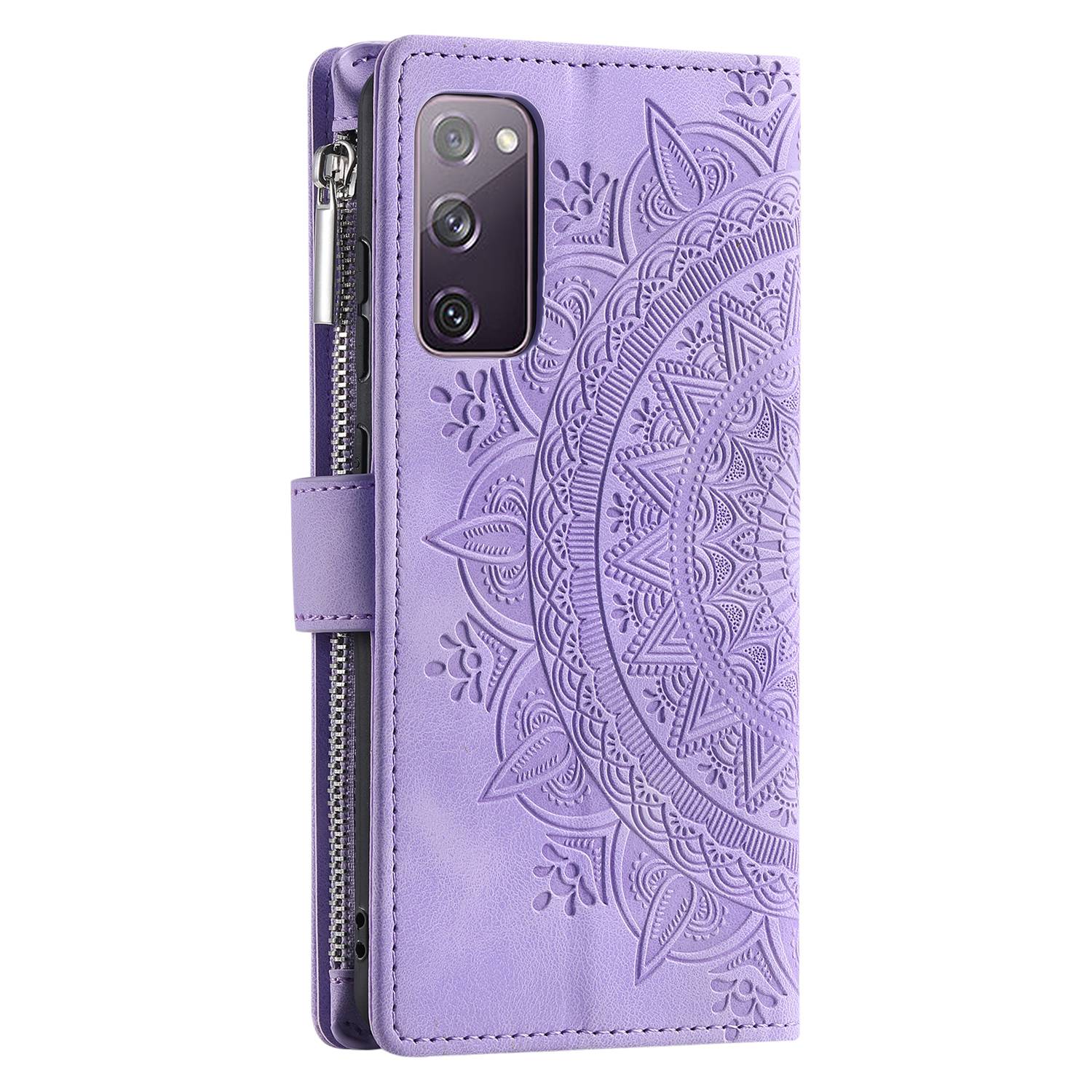 For Samsung Galaxy S20 FE 4G  /  5G  /  S20 FE 2022  /  S20 Lite Zipper Pocket Phone Case, Anti-fall Mandala Flower Imprinted PU Leather Stand Cover Multiple Card Slots Wallet - Purple