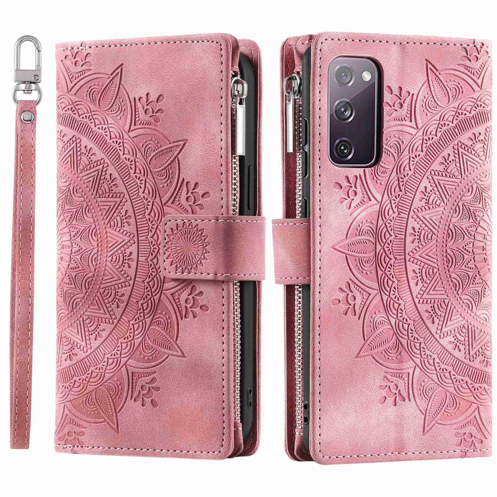 For Samsung Galaxy S20 FE 4G  /  5G  /  S20 FE 2022  /  S20 Lite Zipper Pocket Phone Case, Anti-fall Mandala Flower Imprinted PU Leather Stand Cover Multiple Card Slots Wallet - Rose Gold