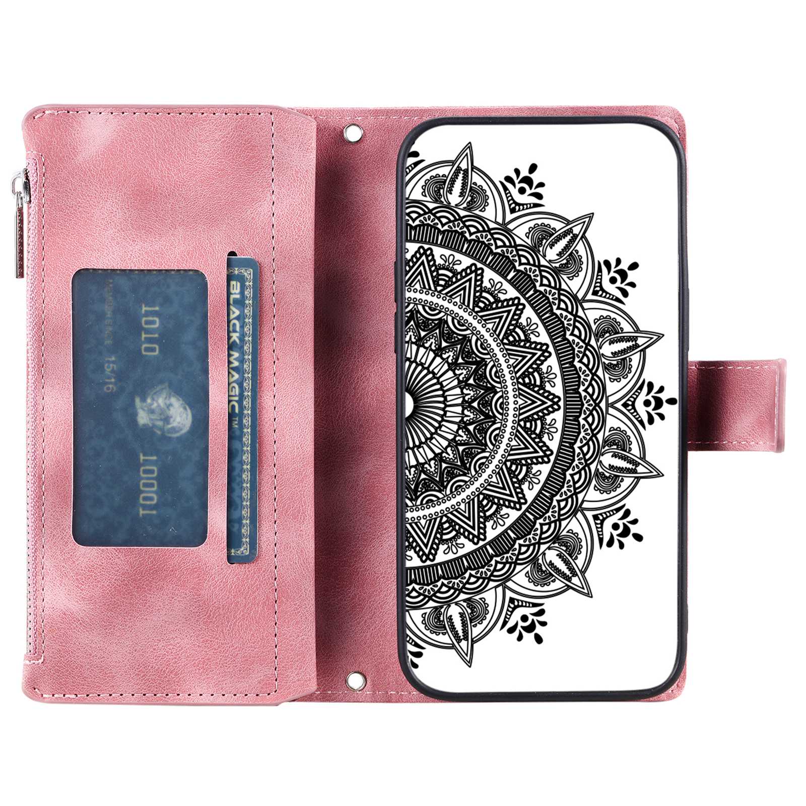 For Samsung Galaxy S20 FE 4G  /  5G  /  S20 FE 2022  /  S20 Lite Zipper Pocket Phone Case, Anti-fall Mandala Flower Imprinted PU Leather Stand Cover Multiple Card Slots Wallet - Rose Gold