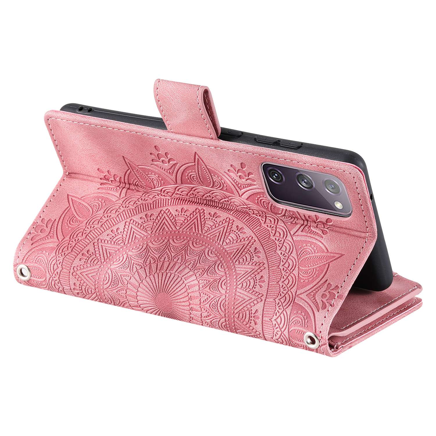 For Samsung Galaxy S20 FE 4G  /  5G  /  S20 FE 2022  /  S20 Lite Zipper Pocket Phone Case, Anti-fall Mandala Flower Imprinted PU Leather Stand Cover Multiple Card Slots Wallet - Rose Gold