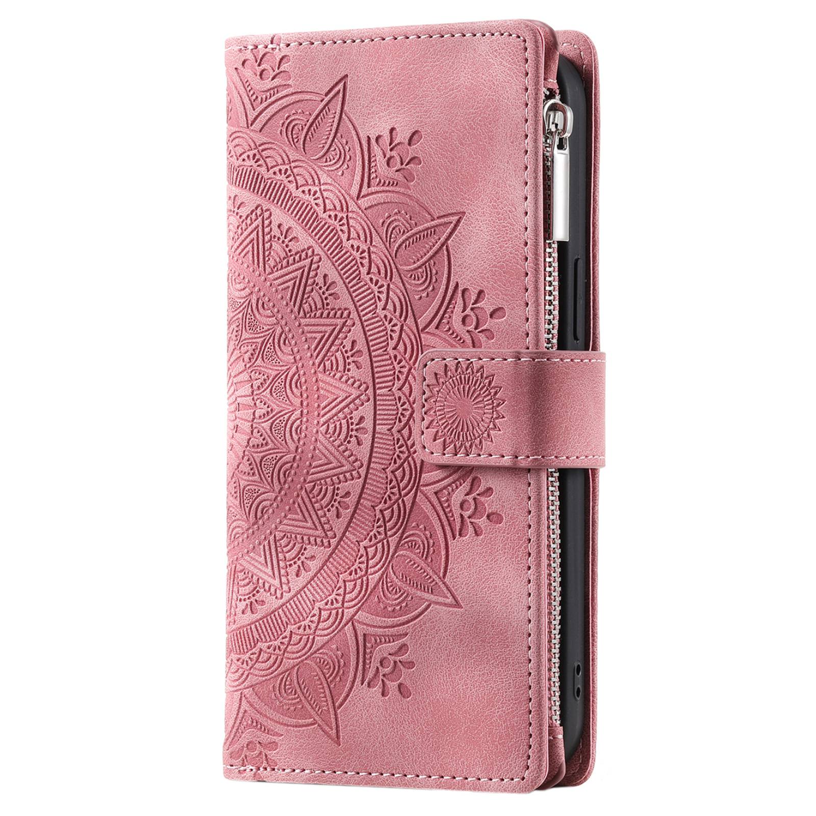 For Samsung Galaxy S20 FE 4G  /  5G  /  S20 FE 2022  /  S20 Lite Zipper Pocket Phone Case, Anti-fall Mandala Flower Imprinted PU Leather Stand Cover Multiple Card Slots Wallet - Rose Gold