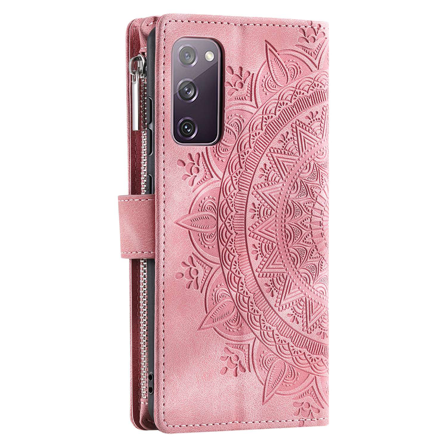 For Samsung Galaxy S20 FE 4G  /  5G  /  S20 FE 2022  /  S20 Lite Zipper Pocket Phone Case, Anti-fall Mandala Flower Imprinted PU Leather Stand Cover Multiple Card Slots Wallet - Rose Gold