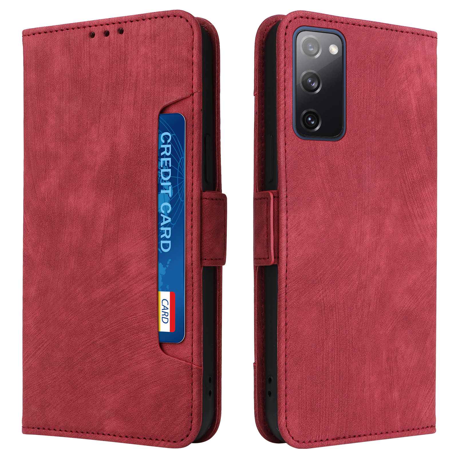 For Samsung Galaxy S20 FE 4G / FE 5G / S20 Lite / S20 FE 2022 Phone Case, Magnetic Stand RFID Blocking PU Leather Phone Cover Wallet - Red