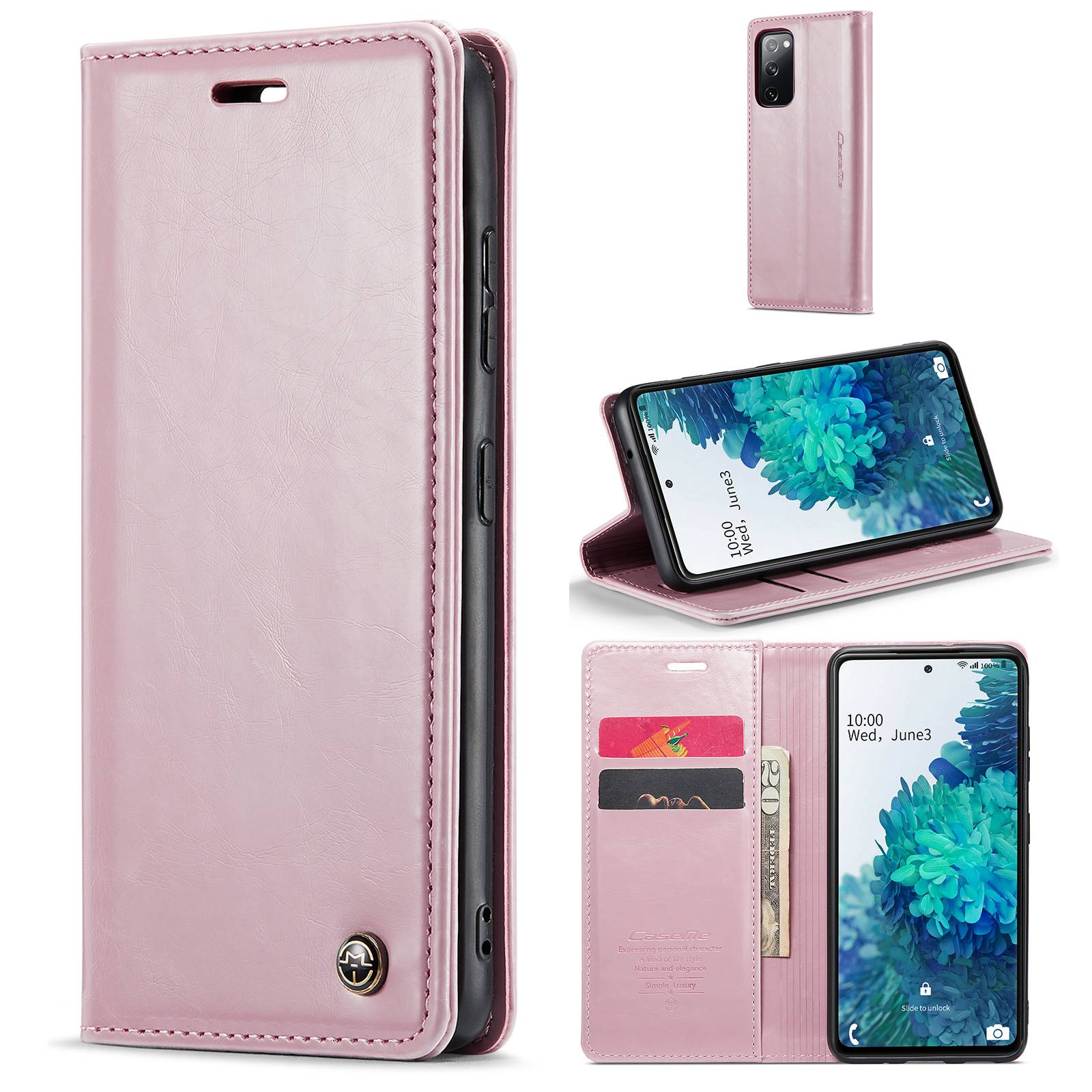 CASEME 003 Series For Samsung Galaxy S20 FE / S20 FE 5G / S20 FE 2022 / S20 Lite Shock Absorbing PU Leather Phone Case Waxy Texture Wallet Stand Cover - Pink